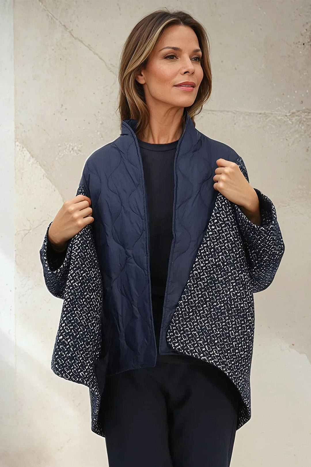 ELENA WOOL JAQUARD & GOOSE DOWN TWO PIECE COAT SET IN NAVY - Jarbo