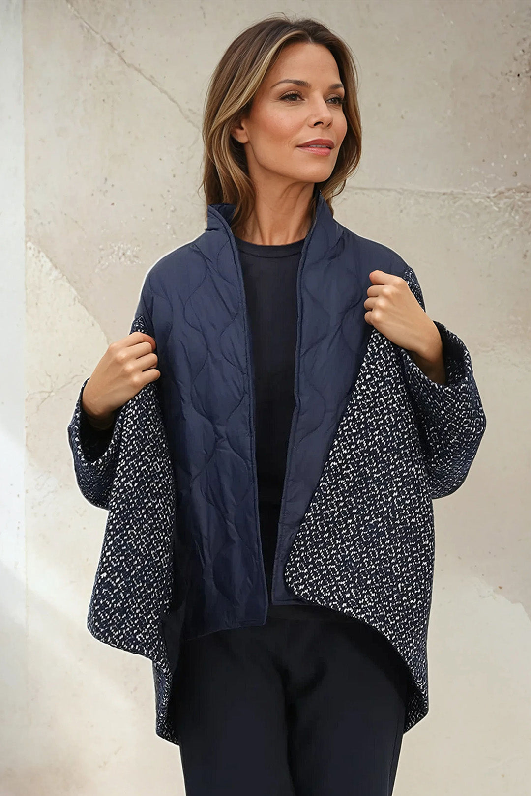 ELENA WOOL JAQUARD & GOOSE DOWN TWO PIECE COAT SET IN NAVY