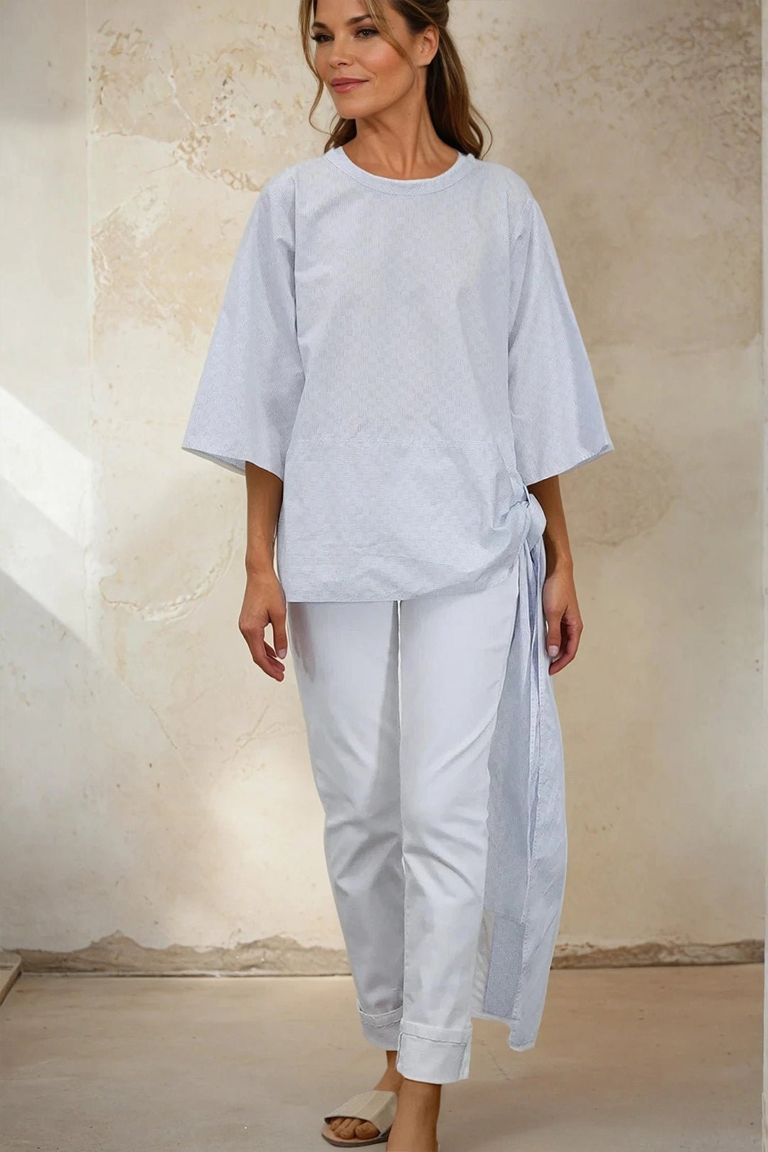 ELNORA CREW SIDE TIE 3/4 SLEEVE SHIRT IN ITALIAN COTTON POPLIN - Jarbo