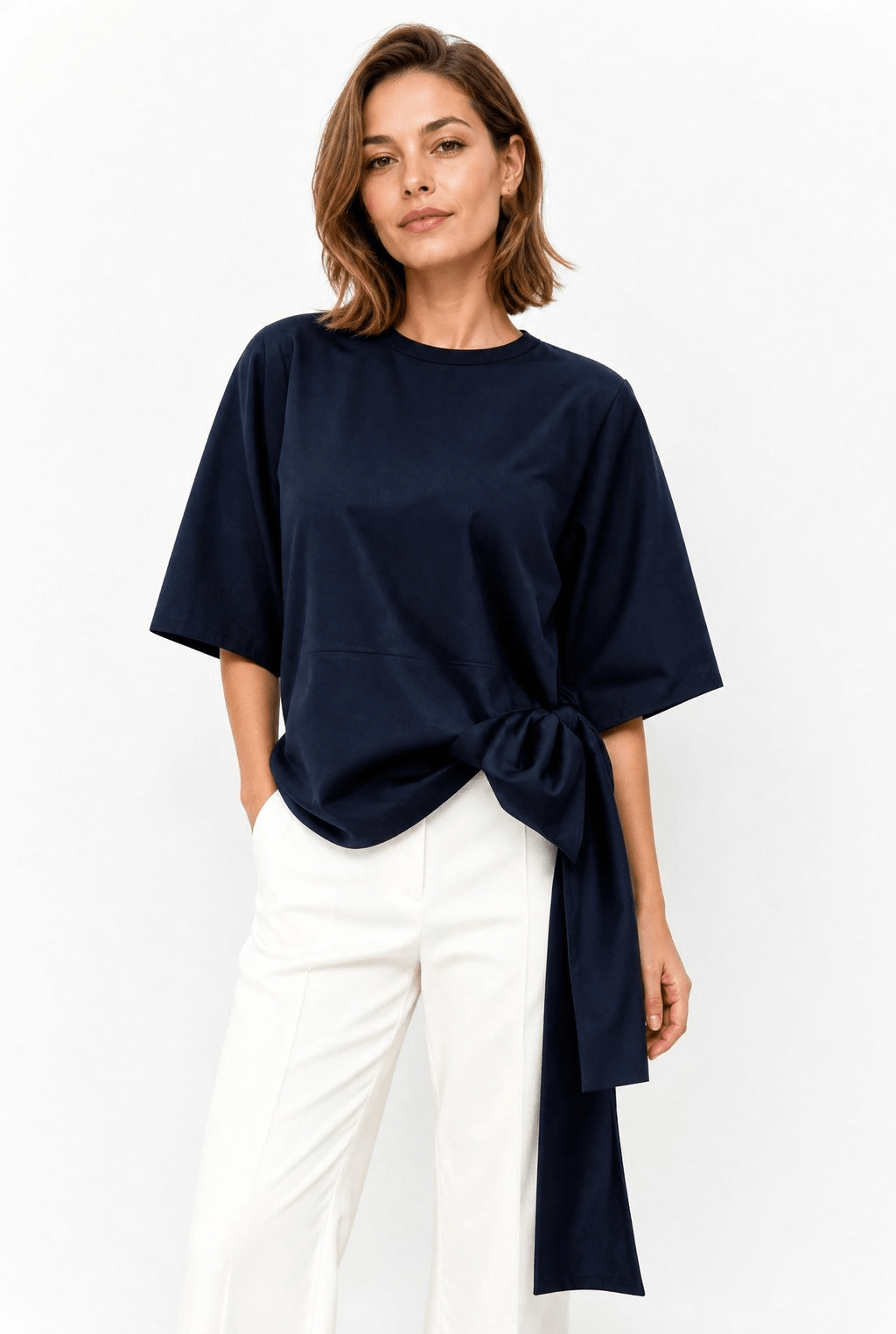 ELNORA CREW SIDE TIE 3/4 SLEEVE SHIRT IN ITALIAN COTTON POPLIN - Jarbo
