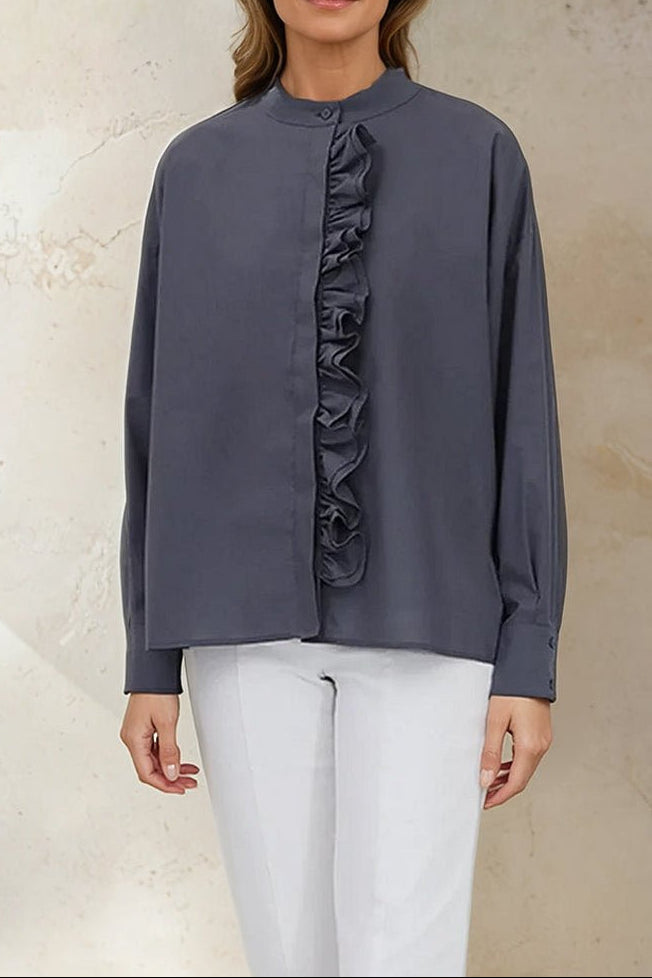 FLEUR RUFFLE SHIRT IN COTTON SLATE GREY - Jarbo