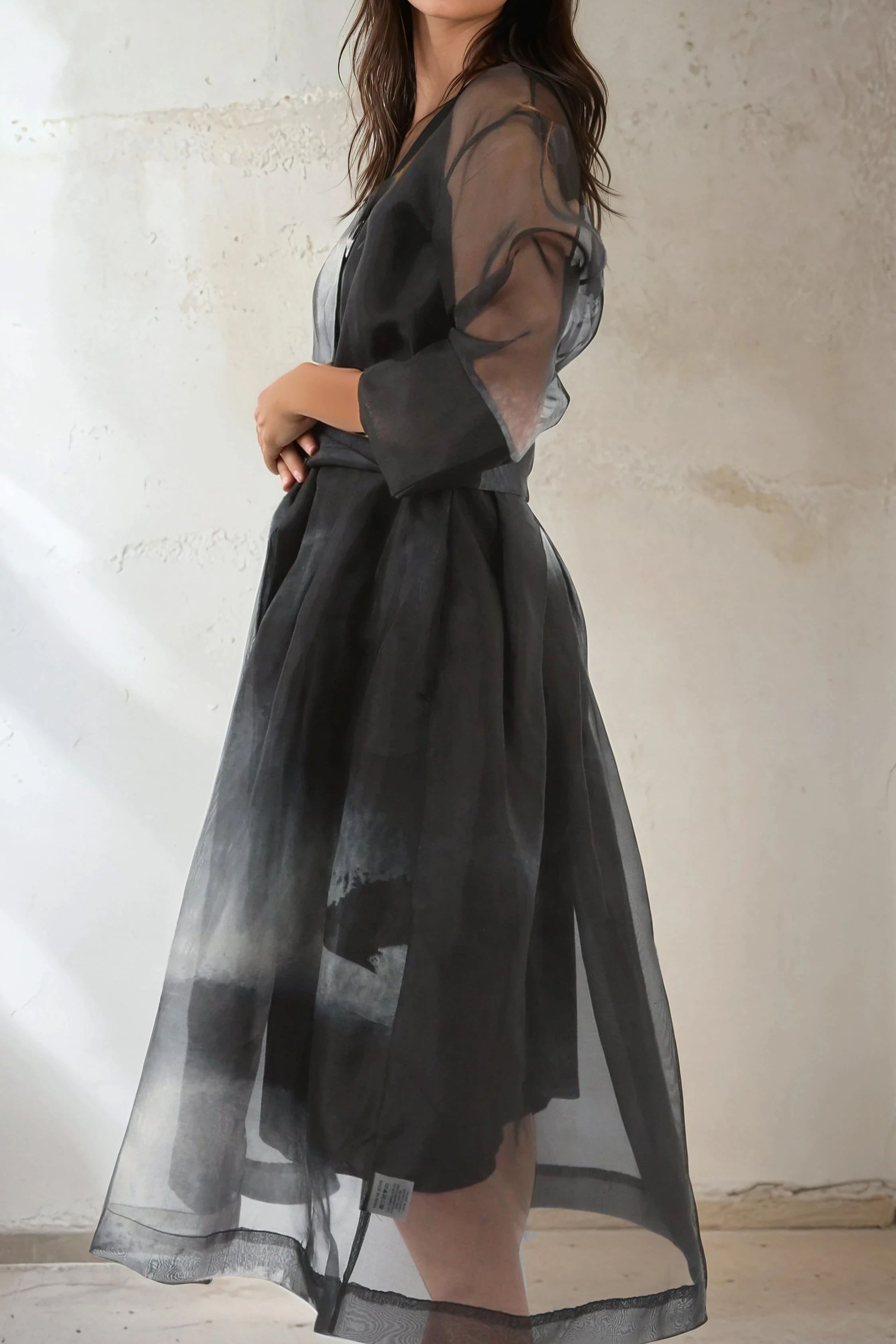 GABRIELLE PRINTED SILK ORGANZA DRESS IN GREY AND BLACK STORM