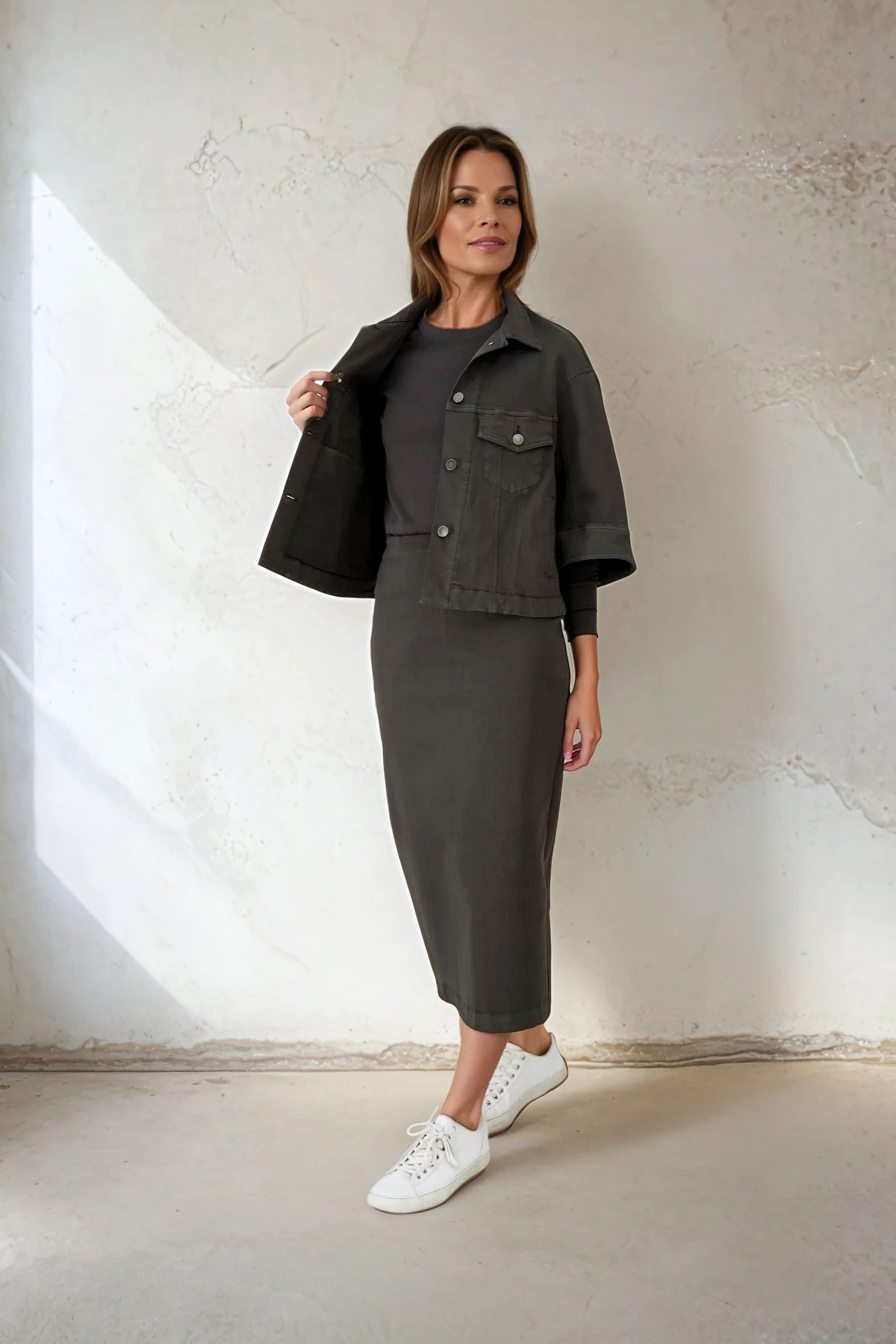 LAUREN SKIRT IN GARMENT - DYED ITALIAN STRETCH DENIM - Jarbo