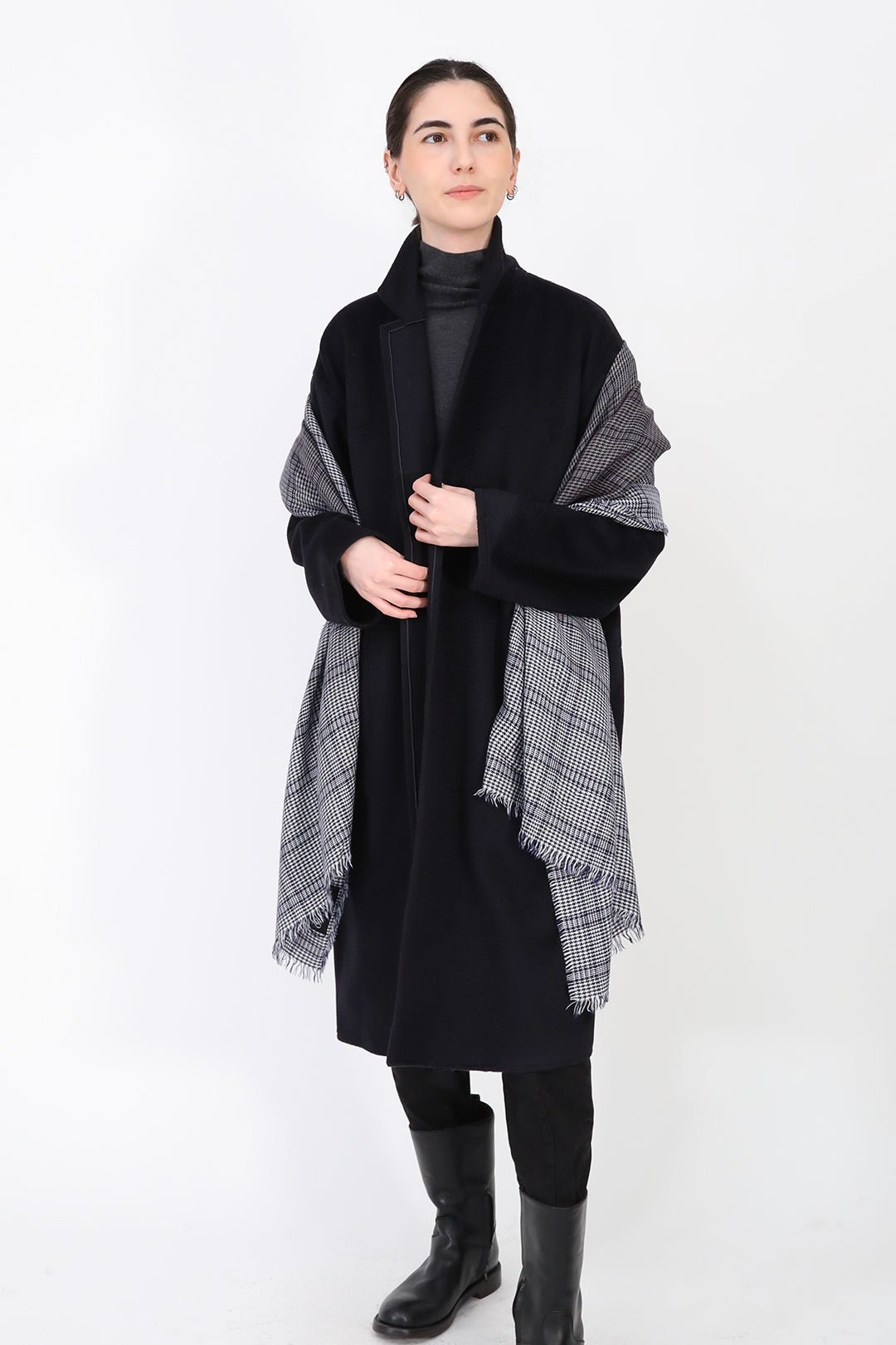 NAVY BLUE HOUNDSTOOTH ITALIAN CASHMERE SCARF - Jarbo