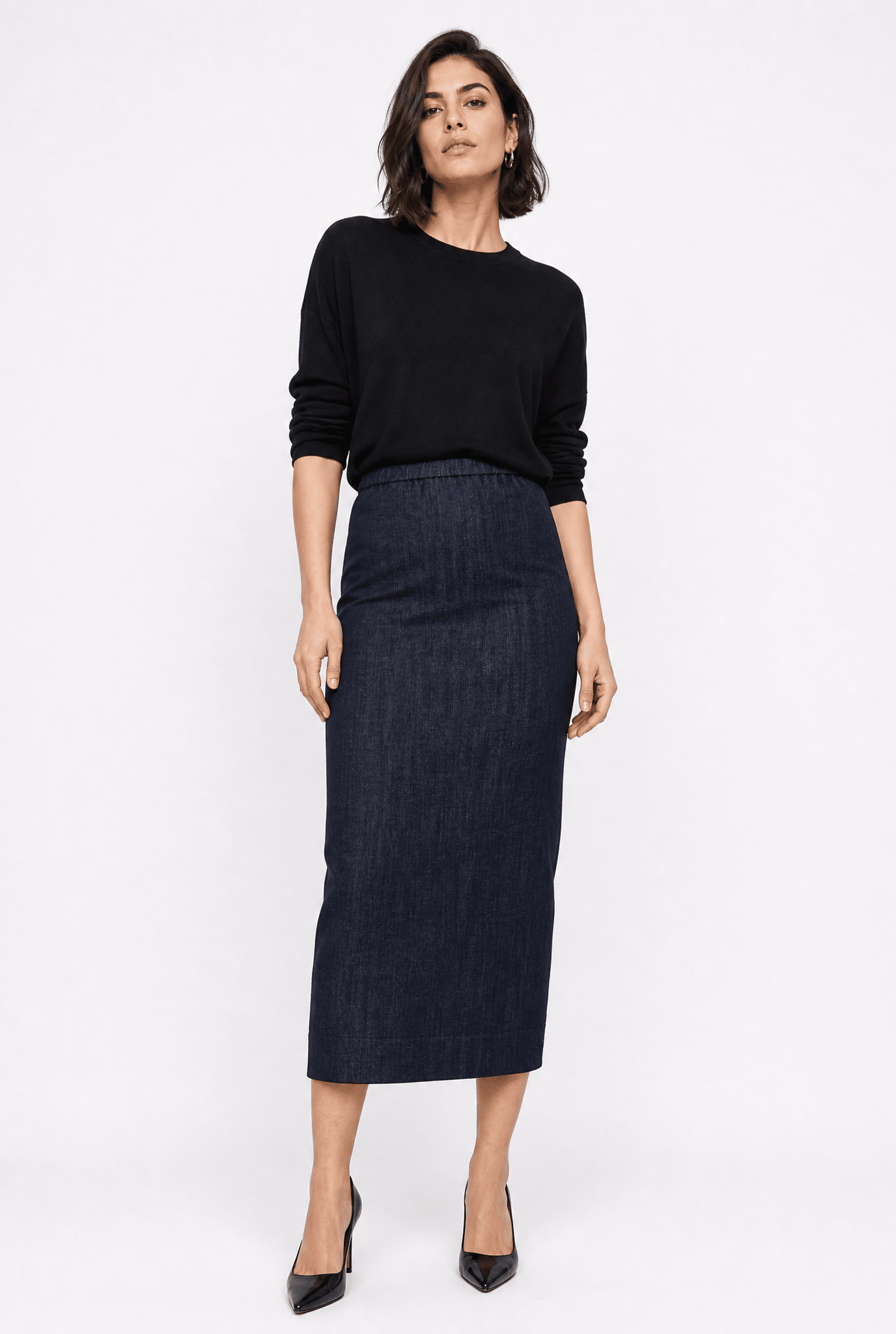 PISA LONG KICK PLEAT SKIRT IN STRETCH DENIM - Jarbo