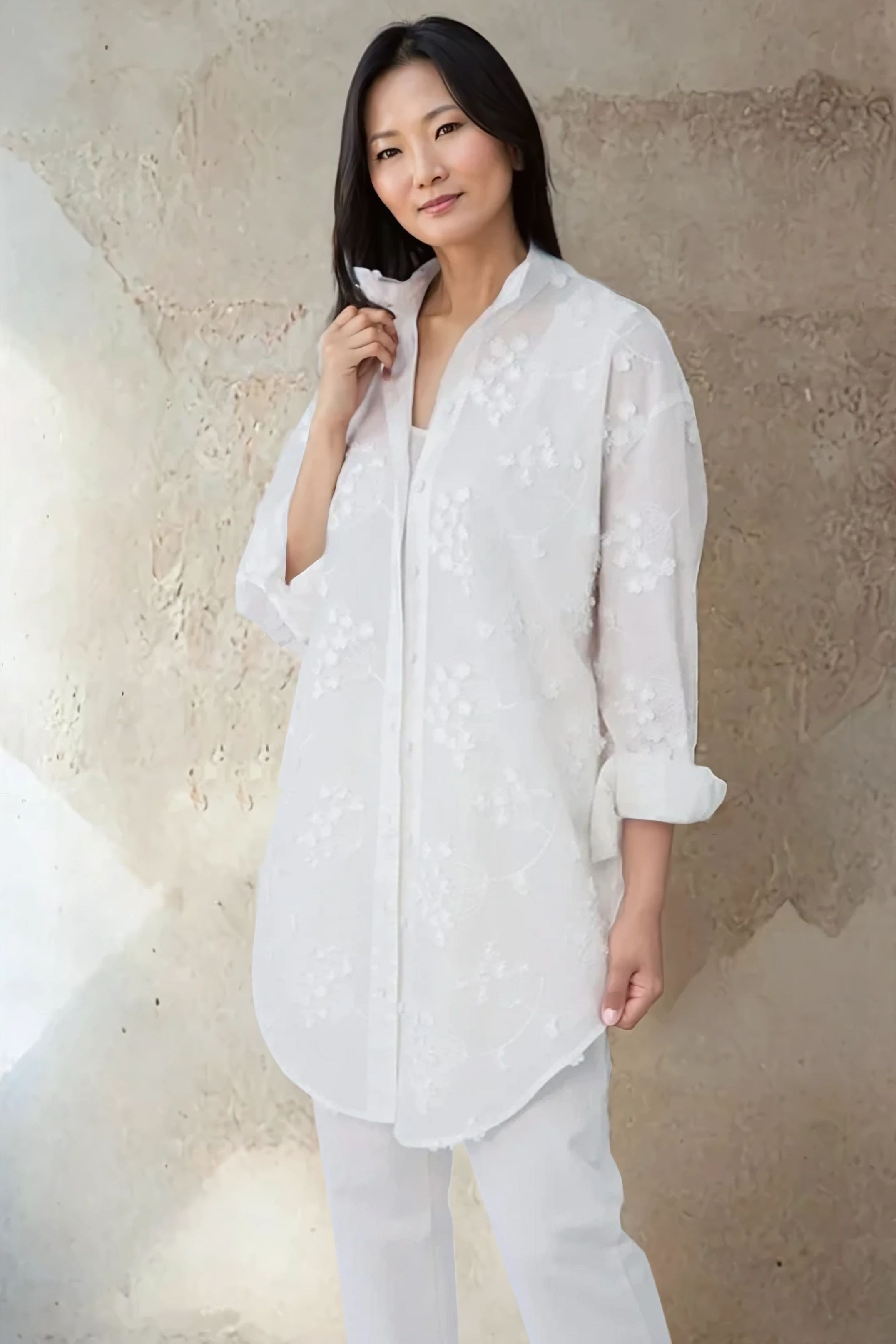 QUEEN ANNE EMBROIDERED LAYERED TUNIC SHIRT IN ITALIAN COTTON - Jarbo