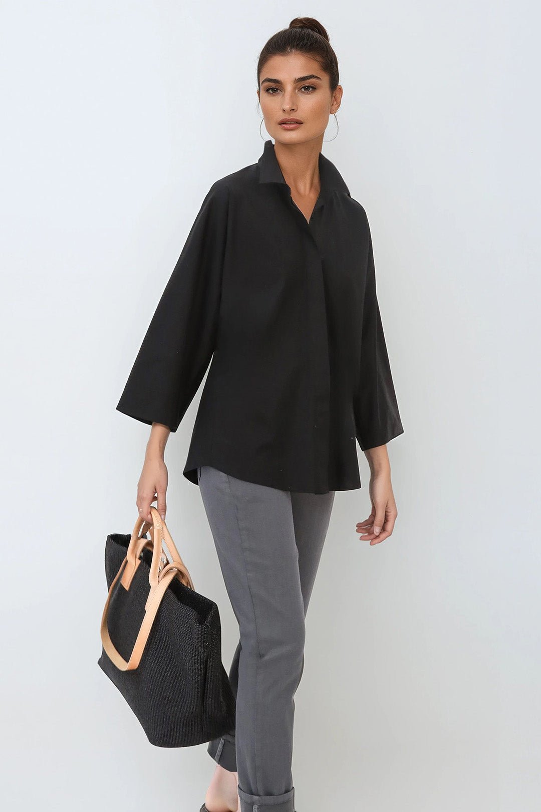 REMI KIMONO SLEEVE SHIRT IN ITALIAN COTTON STRETCH BLACK - Jarbo