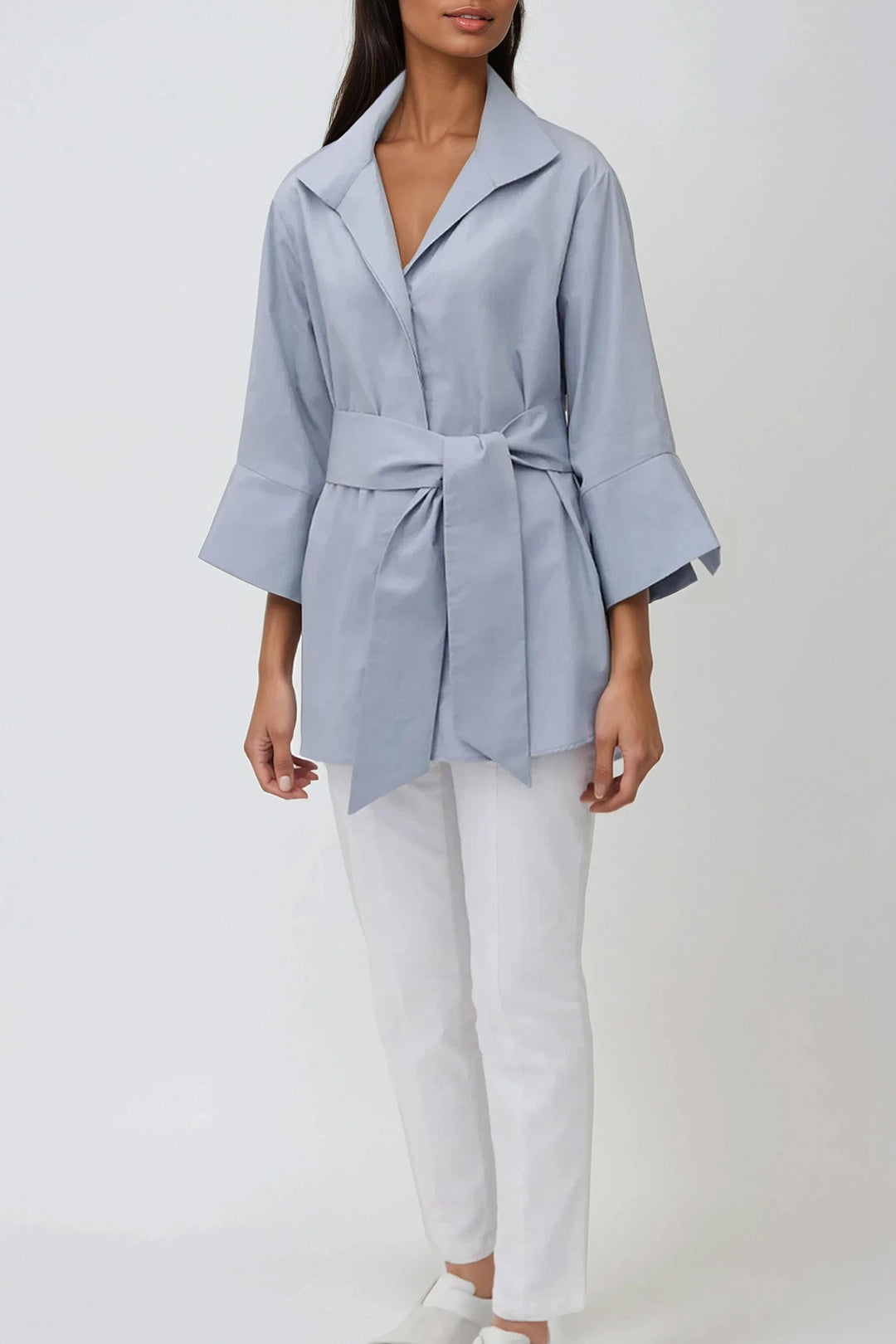 SCARLETT BLOUSE IN ITALIAN COTTON DOVE BLUE-GREY