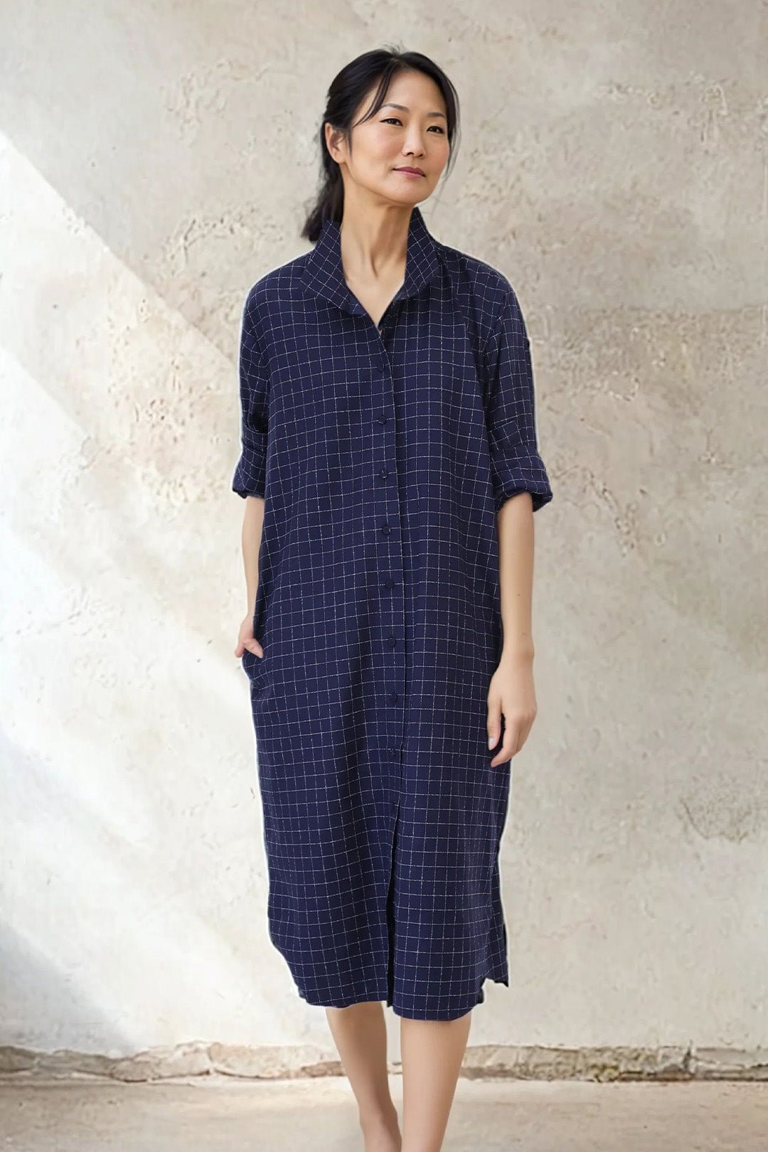 SHIRTDRESS IN PREMIUM ITALIAN COTTON DEEP BLUE SQUARE - Jarbo