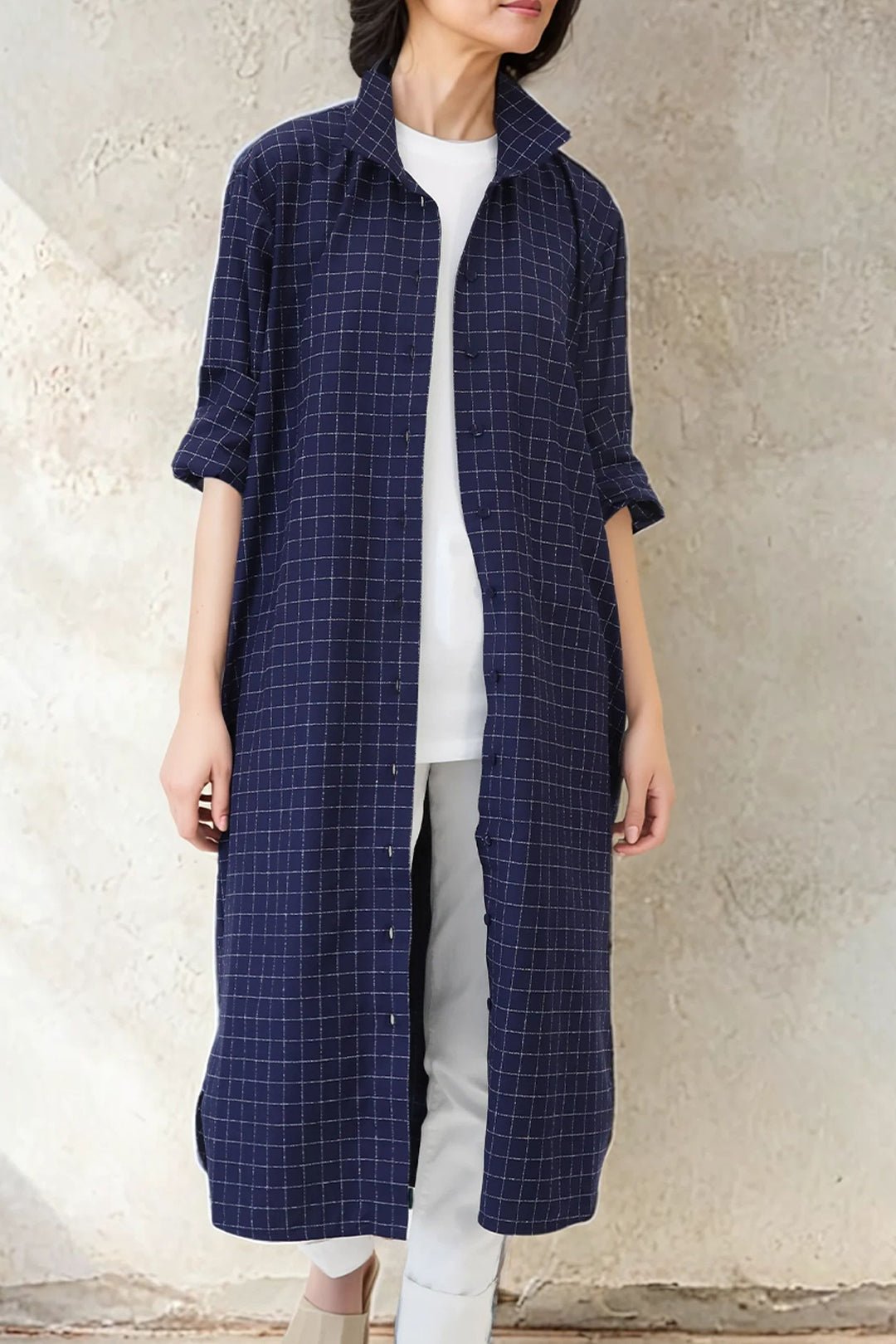 SHIRTDRESS IN PREMIUM ITALIAN COTTON DEEP BLUE SQUARE - Jarbo