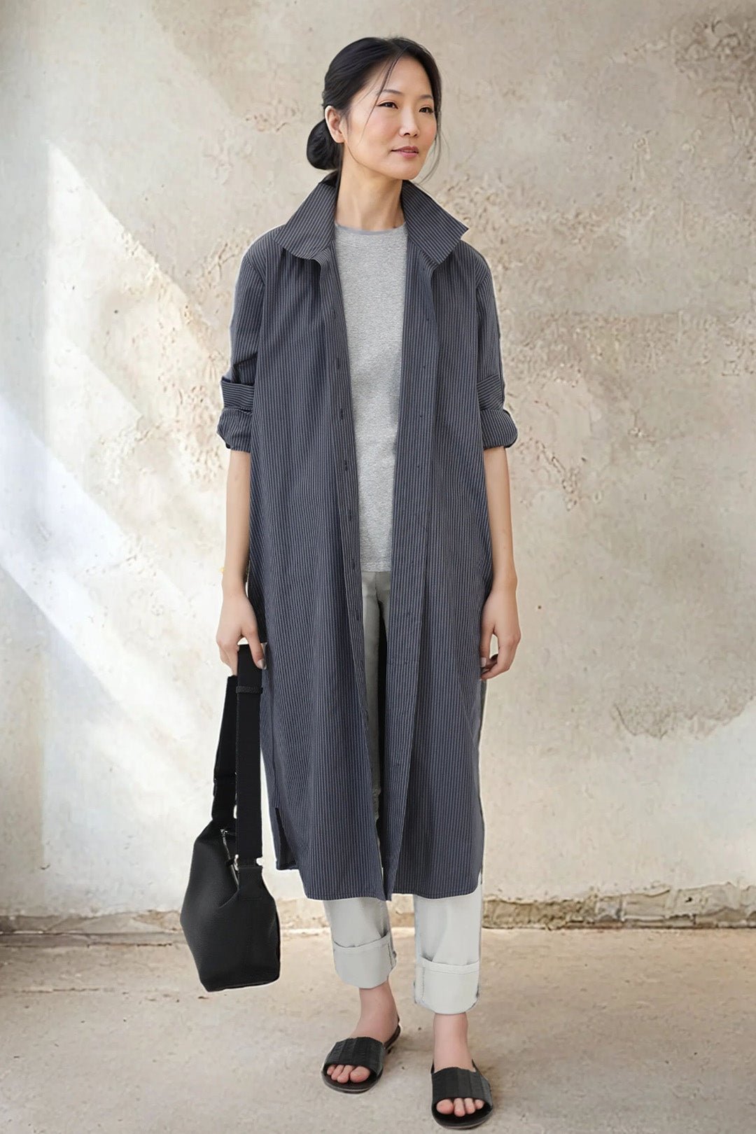 ULTIMO SHIRTDRESS IN PREMIUM ITALIAN COTTON DARK GREY STRIPE - Jarbo