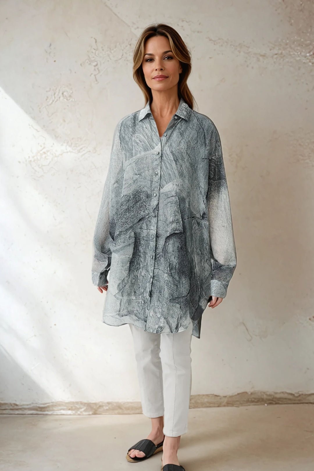 ZURI ONE - SIZE TUNIC IN PRINTED ITALIAN SILK VOILE STONEY GREY - Jarbo