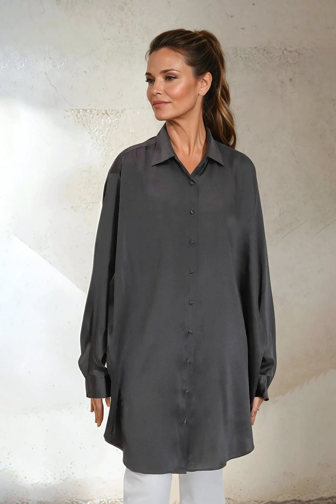 ZURI ONE - SIZE TUNIC IN SILK CHARMEUSE GUNMETAL - Jarbo
