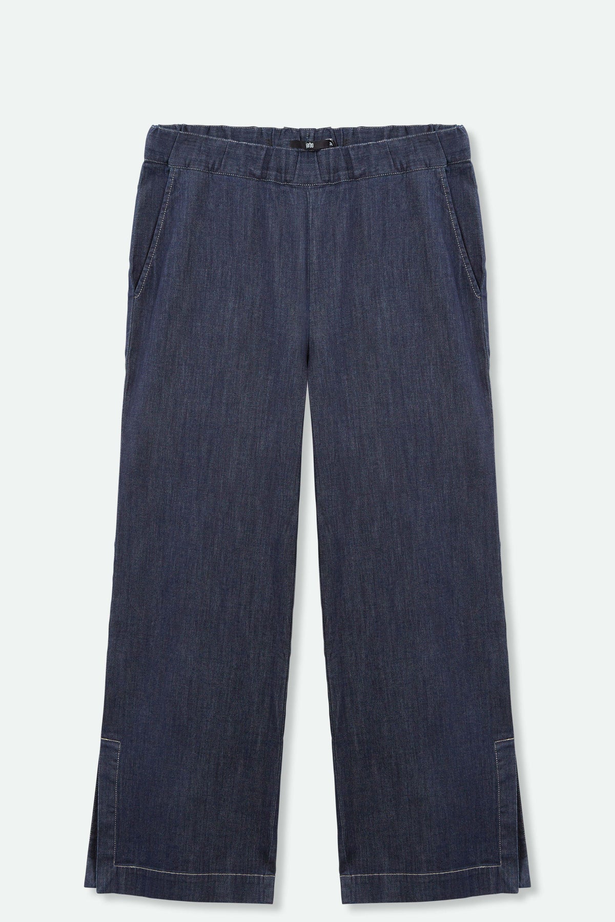 CROP-CUT SIDE SLIT PULL-ON AUDREY PANT IN LIGHTWEIGHT STRETCH DENIM