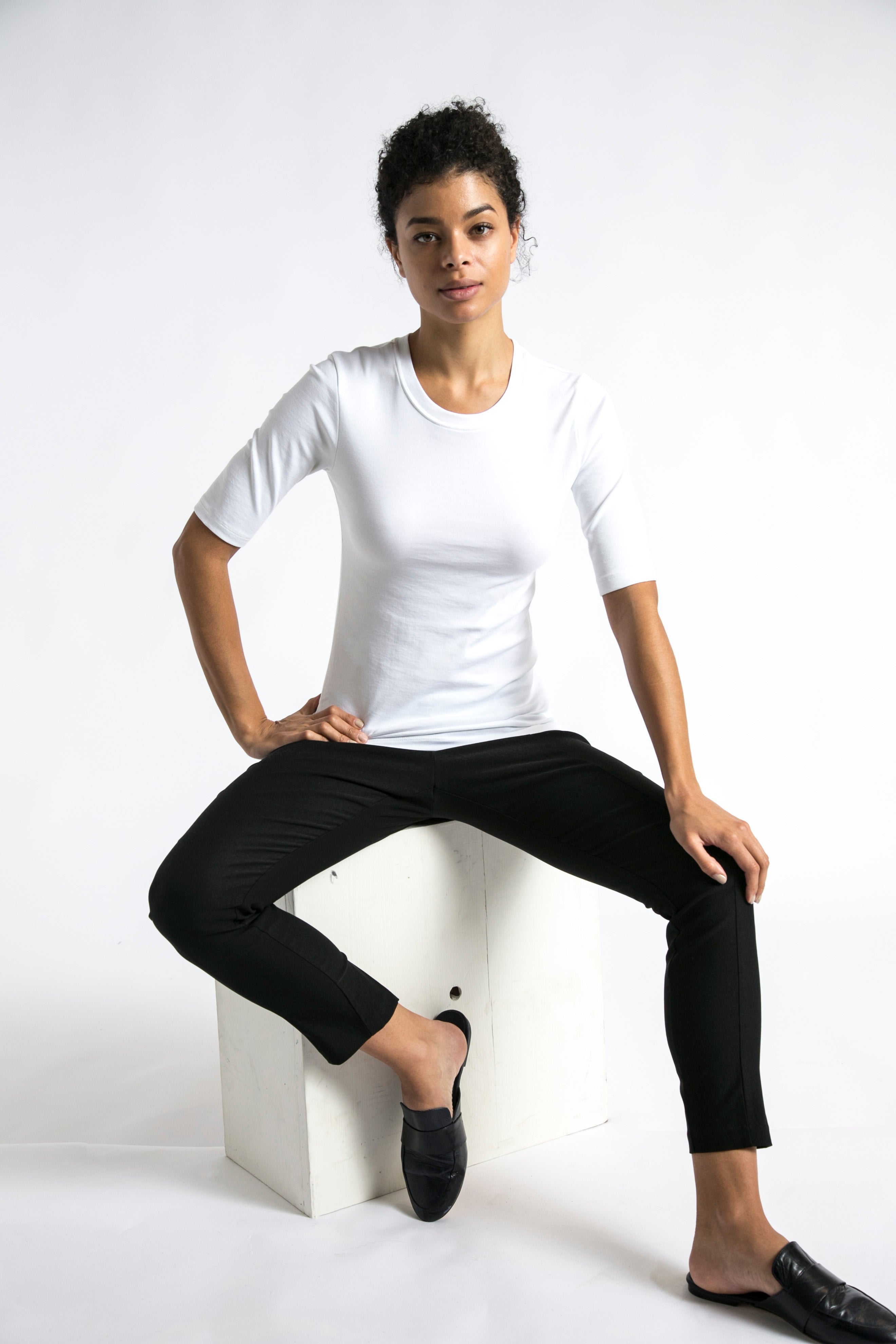 Elbow Sleeve Crew in Pima Cotton Stretch Petrol