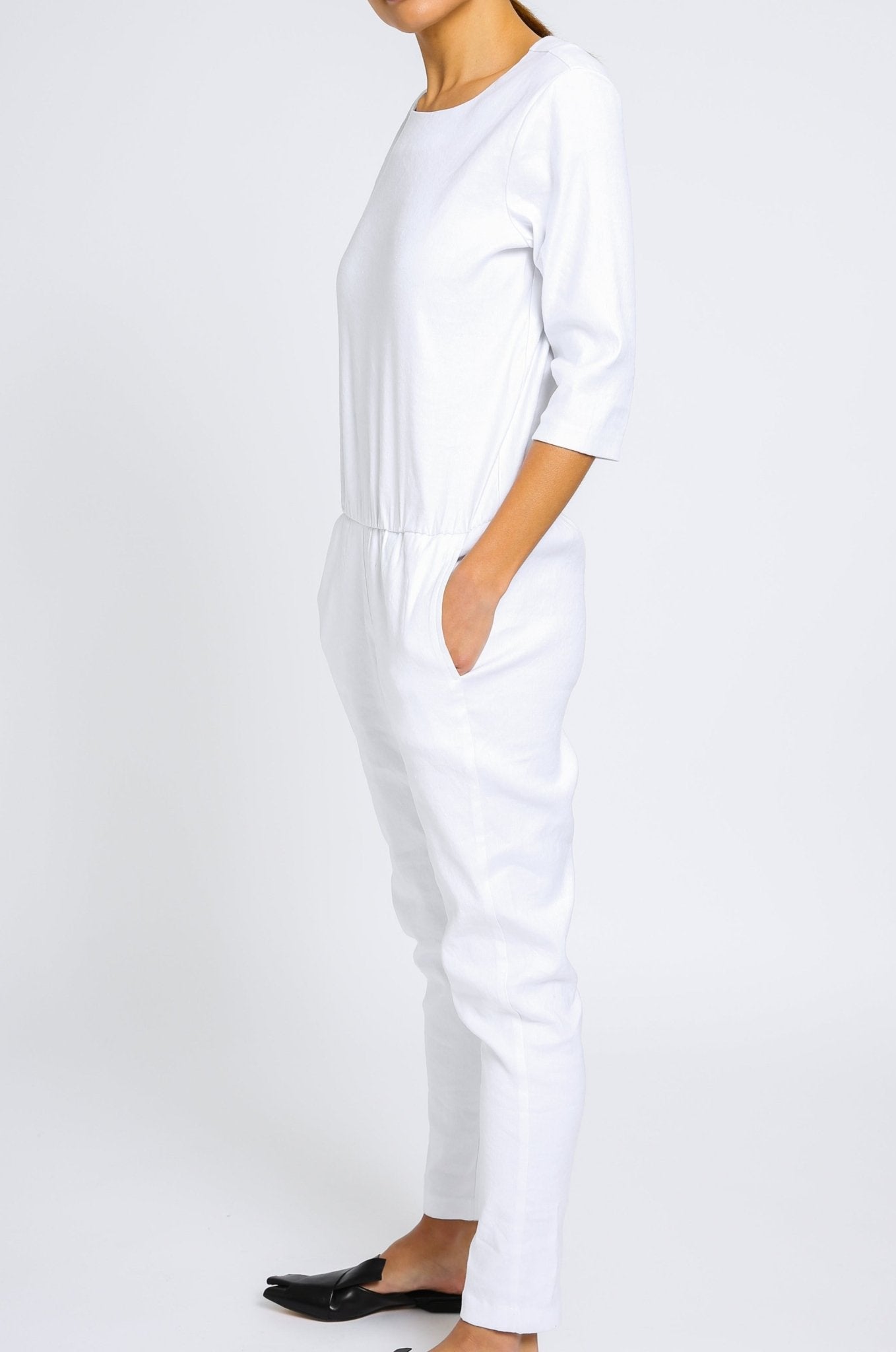 BOATNECK 3/4 SLEEVE JUMPSUIT IN LINEN COTTON - Jarbo