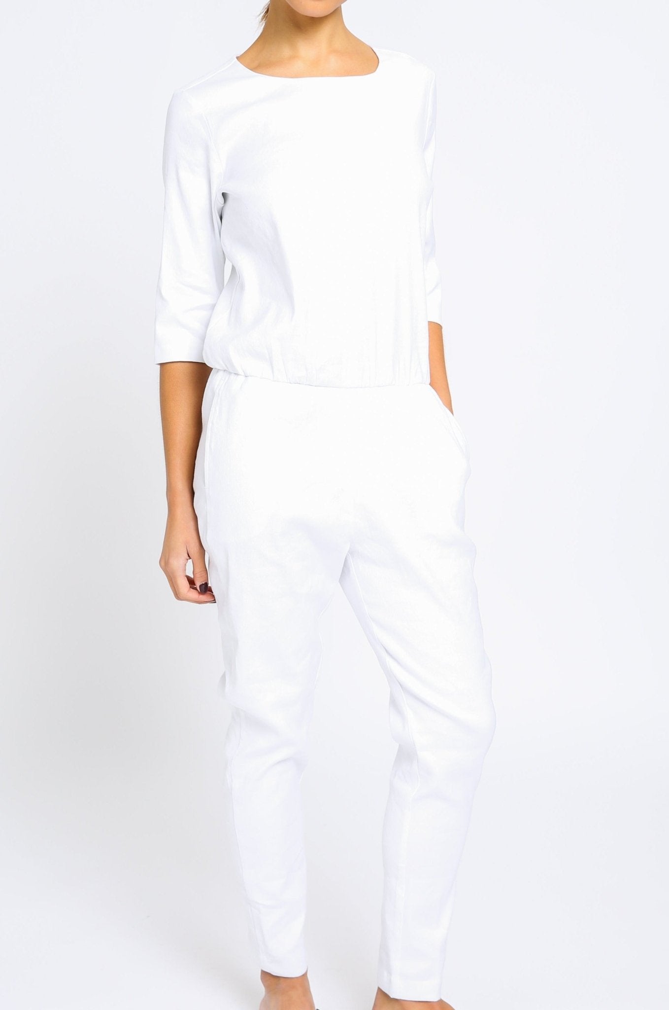 BOATNECK 3/4 SLEEVE JUMPSUIT IN LINEN COTTON - Jarbo