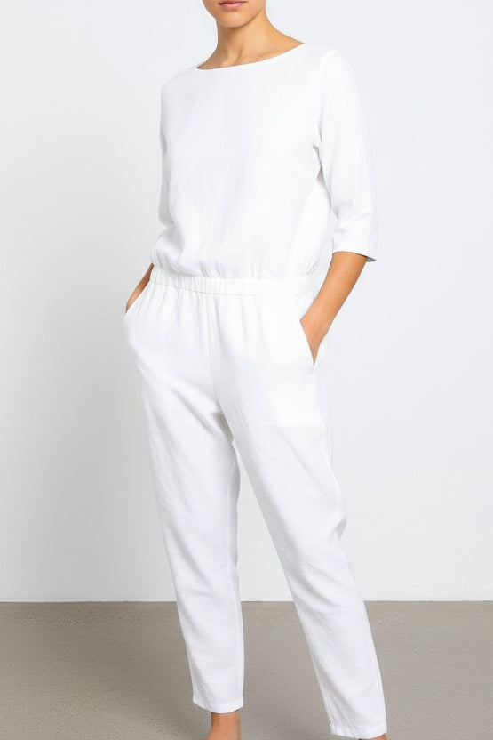 BOATNECK 3/4 SLEEVE JUMPSUIT IN LINEN COTTON - Jarbo
