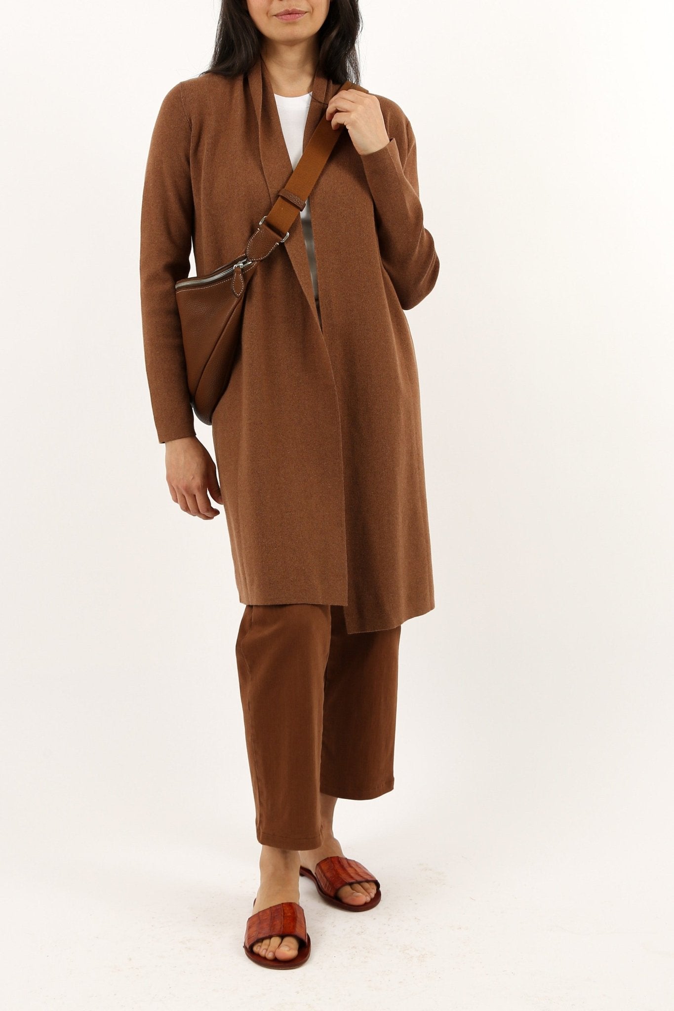 CORNELIA DUSTER IN DOUBLE KNIT HEATHERED PIMA COTTON IN SADDLE BROWN HEATHER - Jarbo