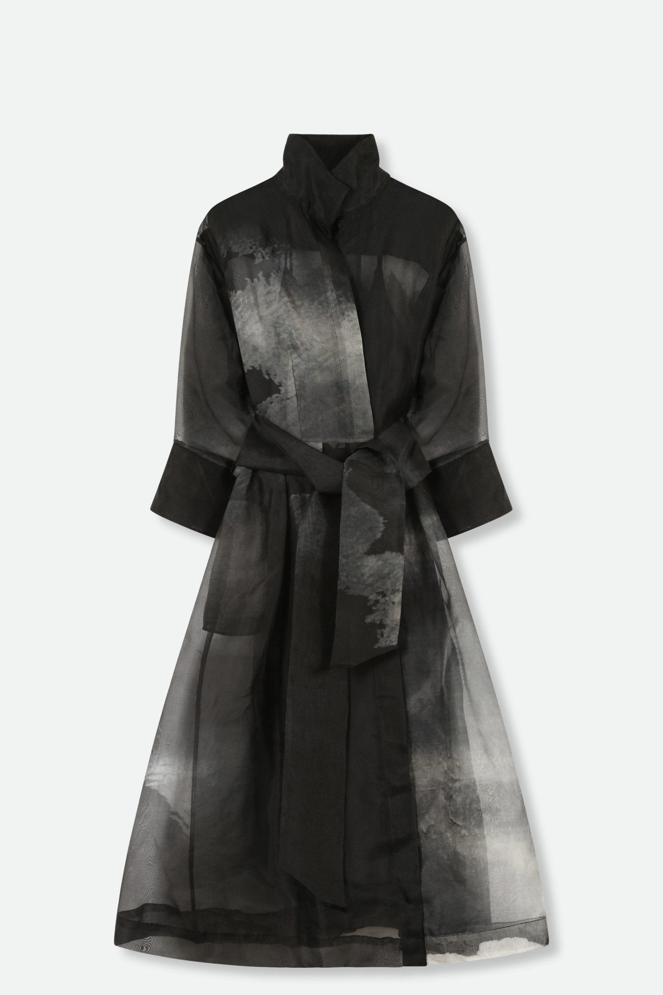GABRIELLE PRINTED SILK ORGANZA DRESS IN GREY AND BLACK STORM - Jarbo