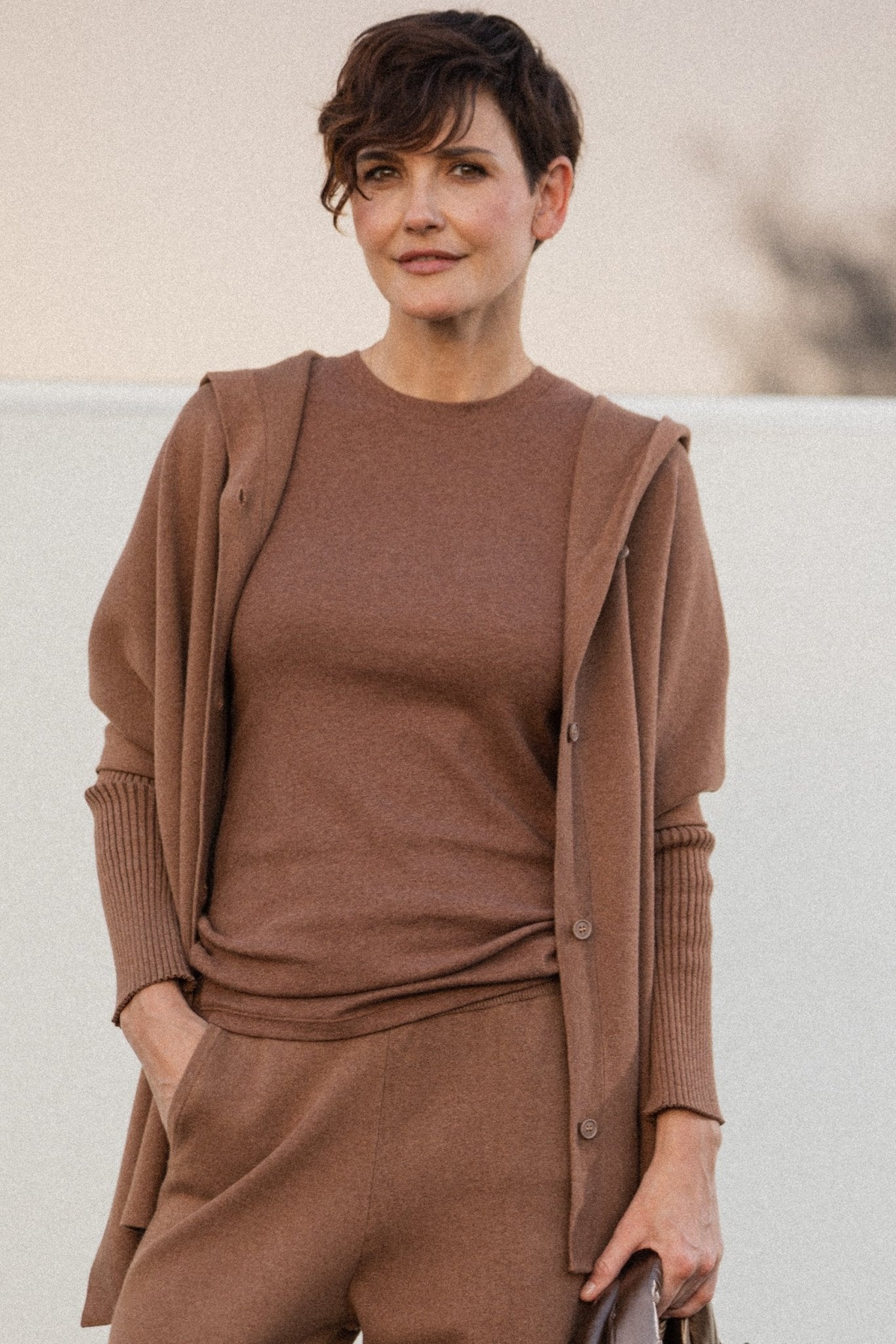 HARPER HOODED CAPE IN DOUBLE KNIT PIMA COTTON STRETCH SADDLE BROWN HEATHER - Jarbo