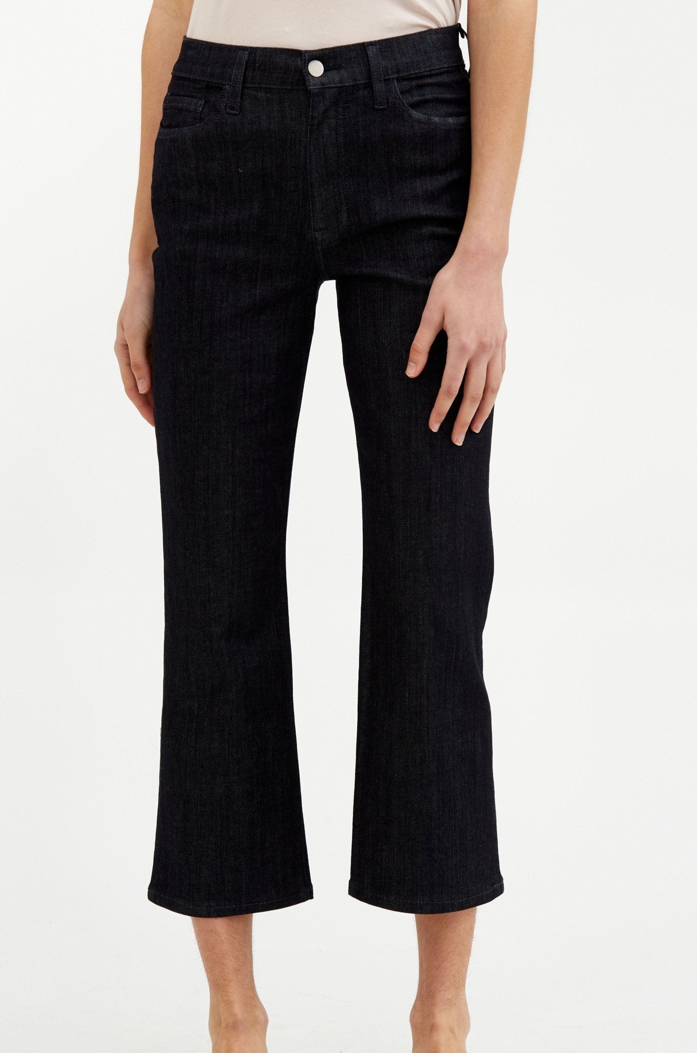 HIGH RISE SOFT FLARE CROP-CUT FIVE POCKET PANT IN DARK WASH DENIM - Jarbo