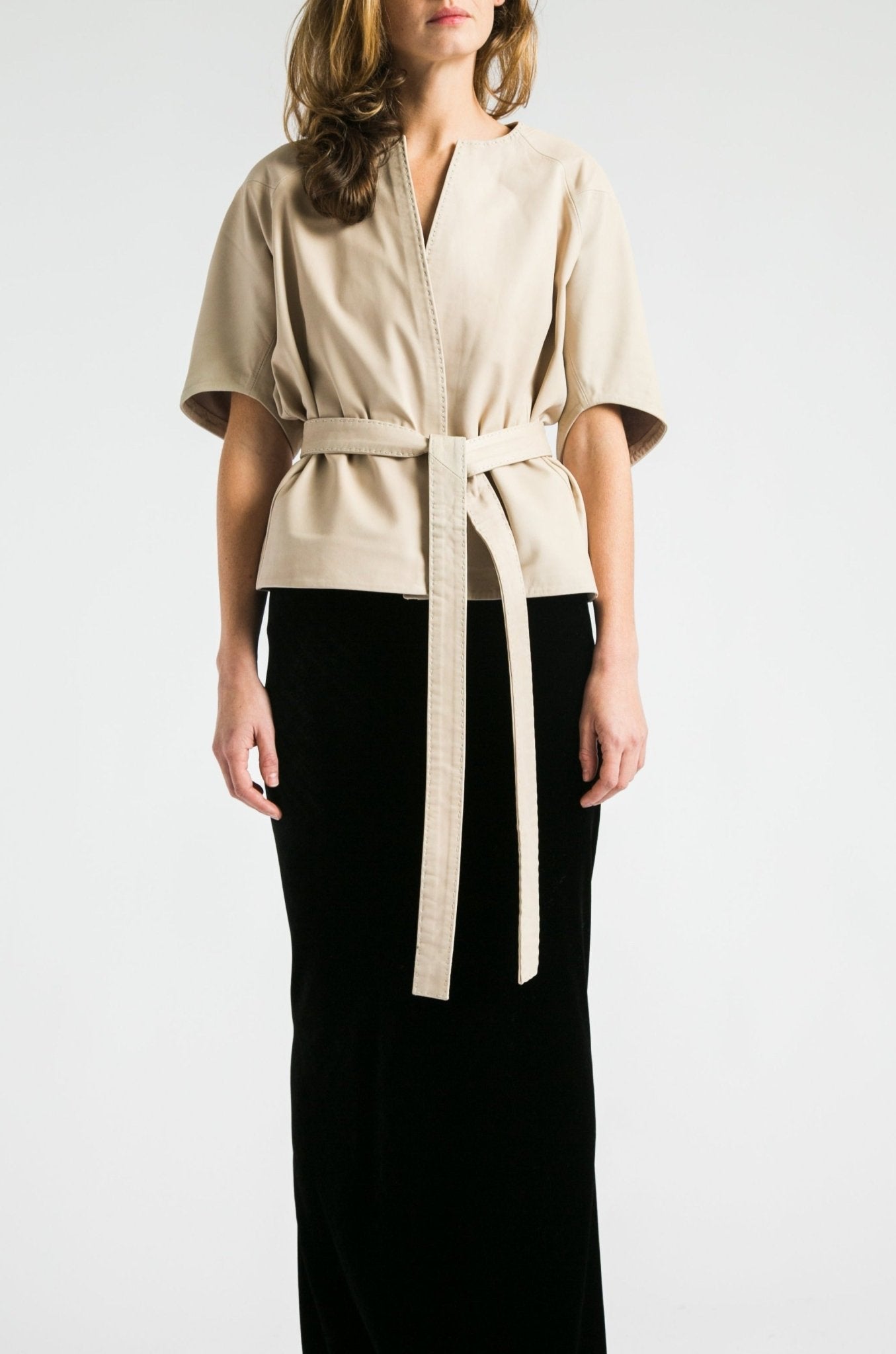 KIMI CROPPED KIMONO TIE JACKET IN ITALIAN LEATHER - Jarbo