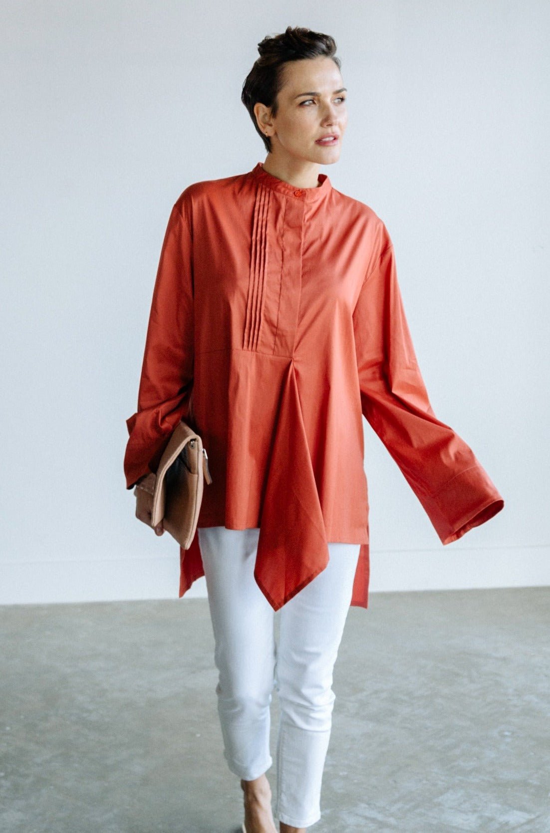 MARI PLEATED TUNIC BLOUSE IN ITALIAN COTTON STRETCH - Jarbo