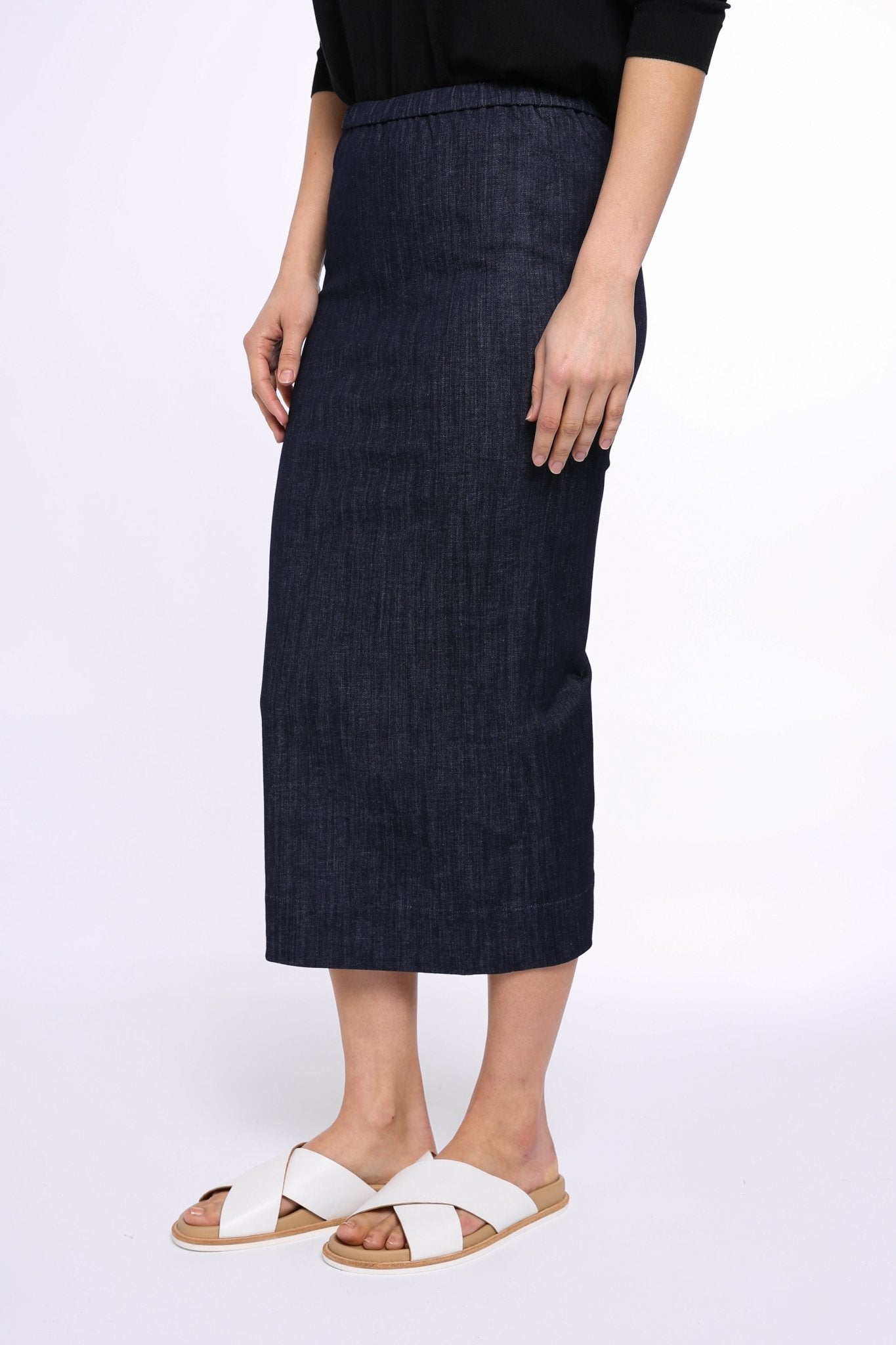 PISA LONG KICK PLEAT SKIRT IN STRETCH DENIM - Jarbo