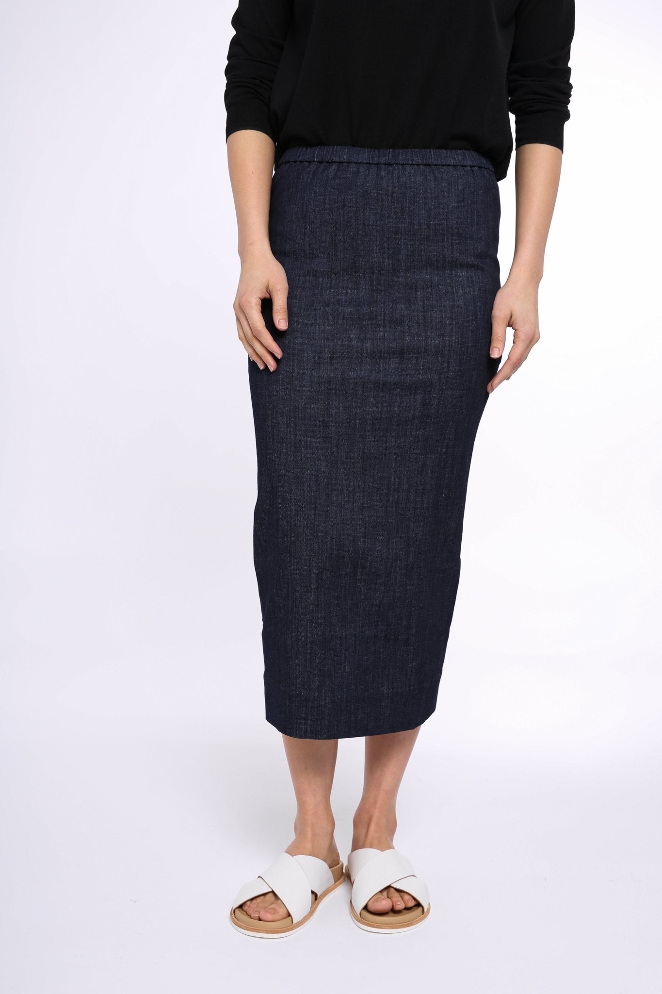 PISA LONG KICK PLEAT SKIRT IN STRETCH DENIM - Jarbo