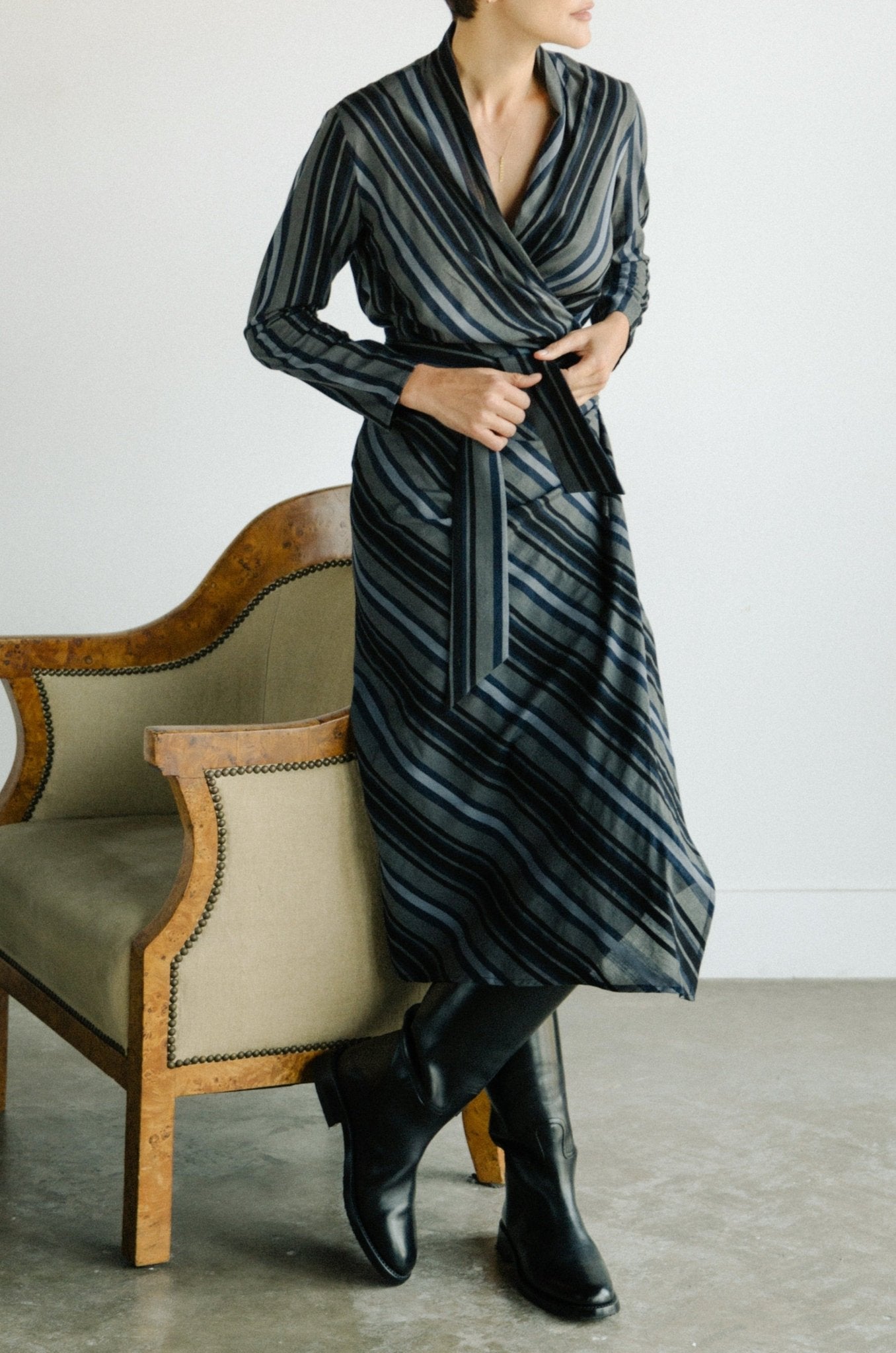 STRIPE WRAP DRESS IN SOFT YARN-DYED COTTON BLEND - Jarbo