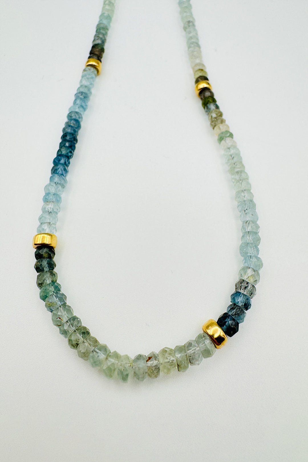 19" LARGE GRADIENT AQUAMARINE NECKLACE WITH GOLD SPACERS - Jarbo