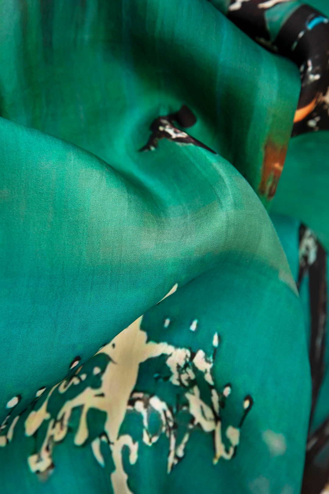 SILK TWILL SQUARE SCARF TEAL ABSTRACT