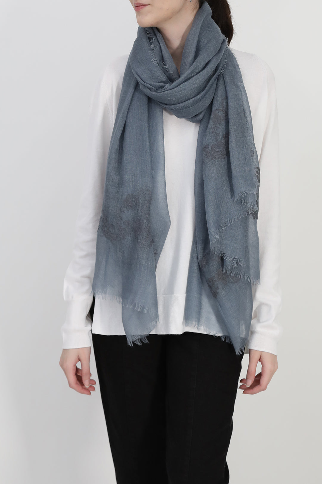 EMBROIDERED PEWTER BLUE ITALIAN CASHMERE SCARF