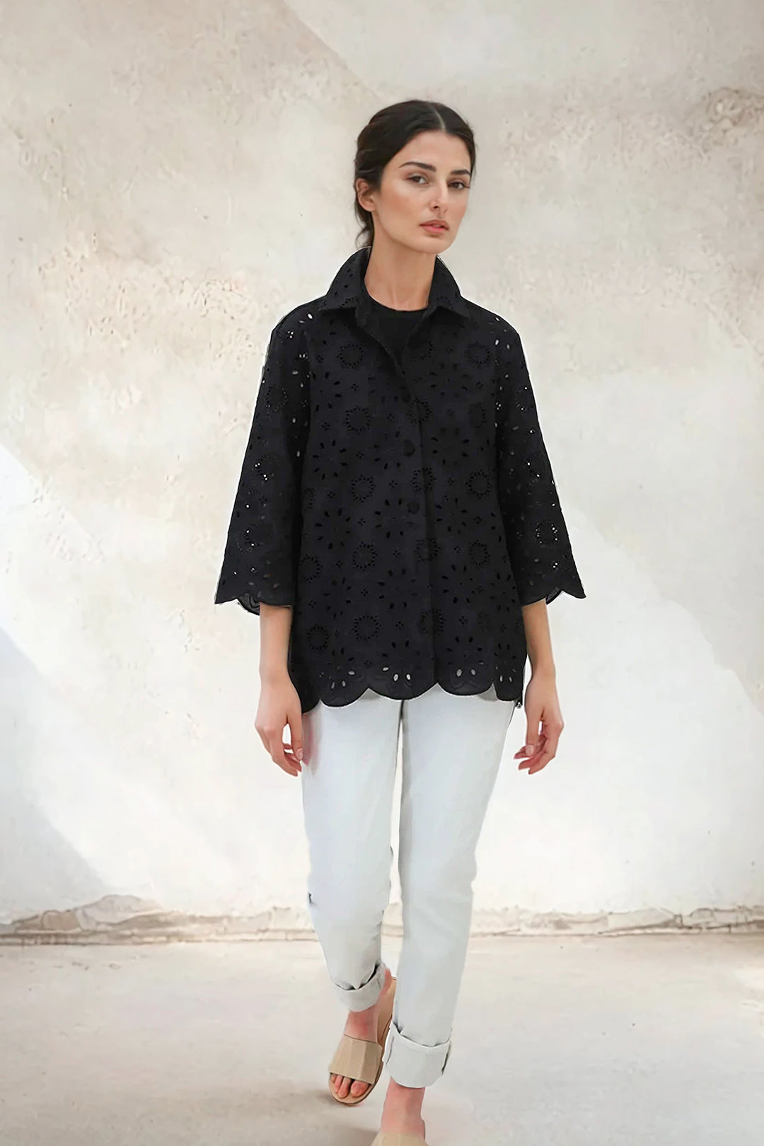 CESARE CAMP SHIRT ITALIAN COTTON BLACK EYELET