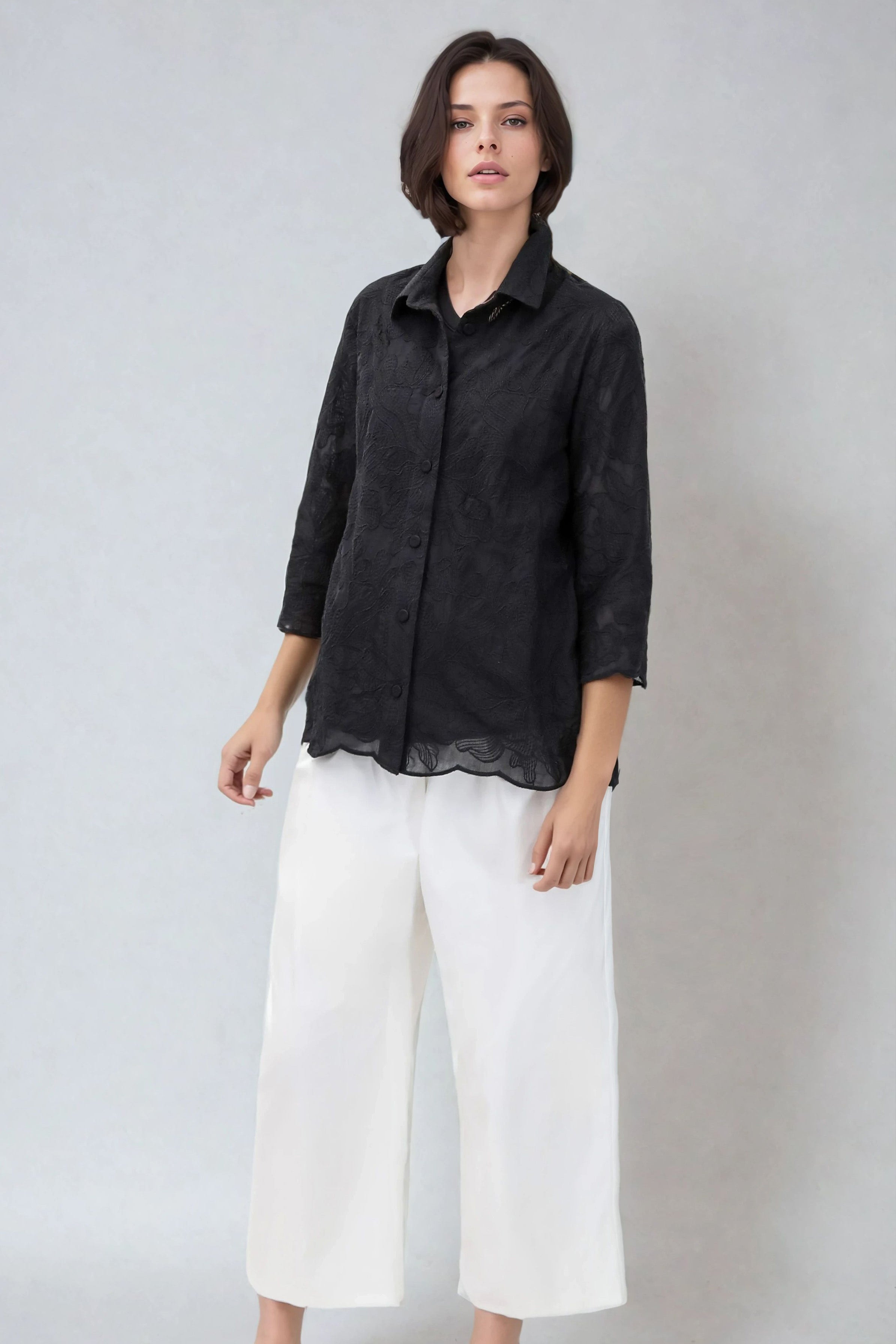 CESARE CAMP SHIRT IN BLACK EMBROIDERED ITALIAN COTTON