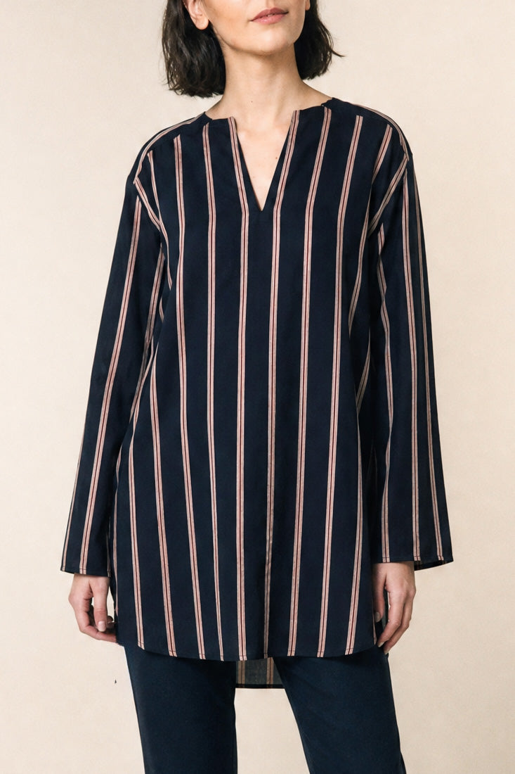 CYPRESS LAYERED SHIRT IN ITALIAN COTTON VOILE NAVY STRIPES