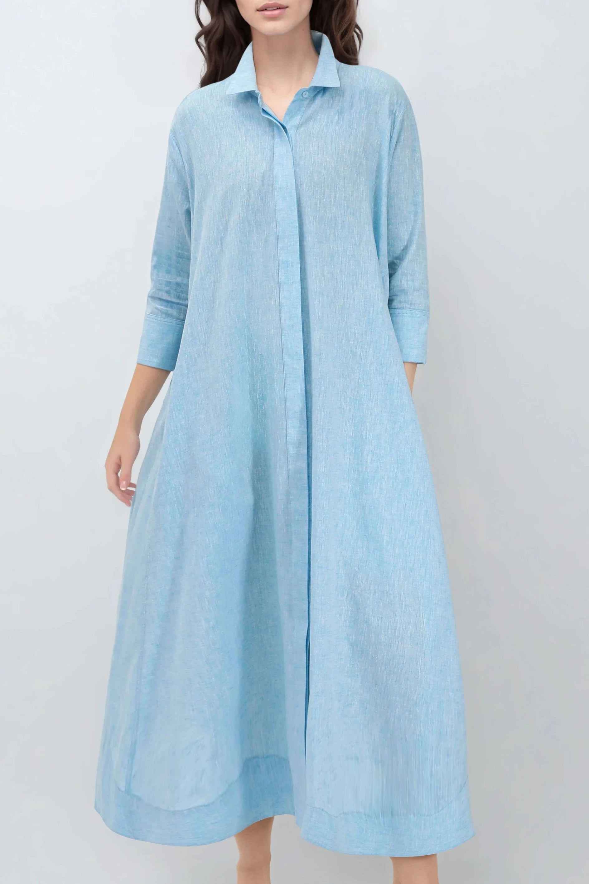 LIGHTWEIGHT DANNI DRESS IN ITALIAN LINEN COTTON AQUA MELANGE