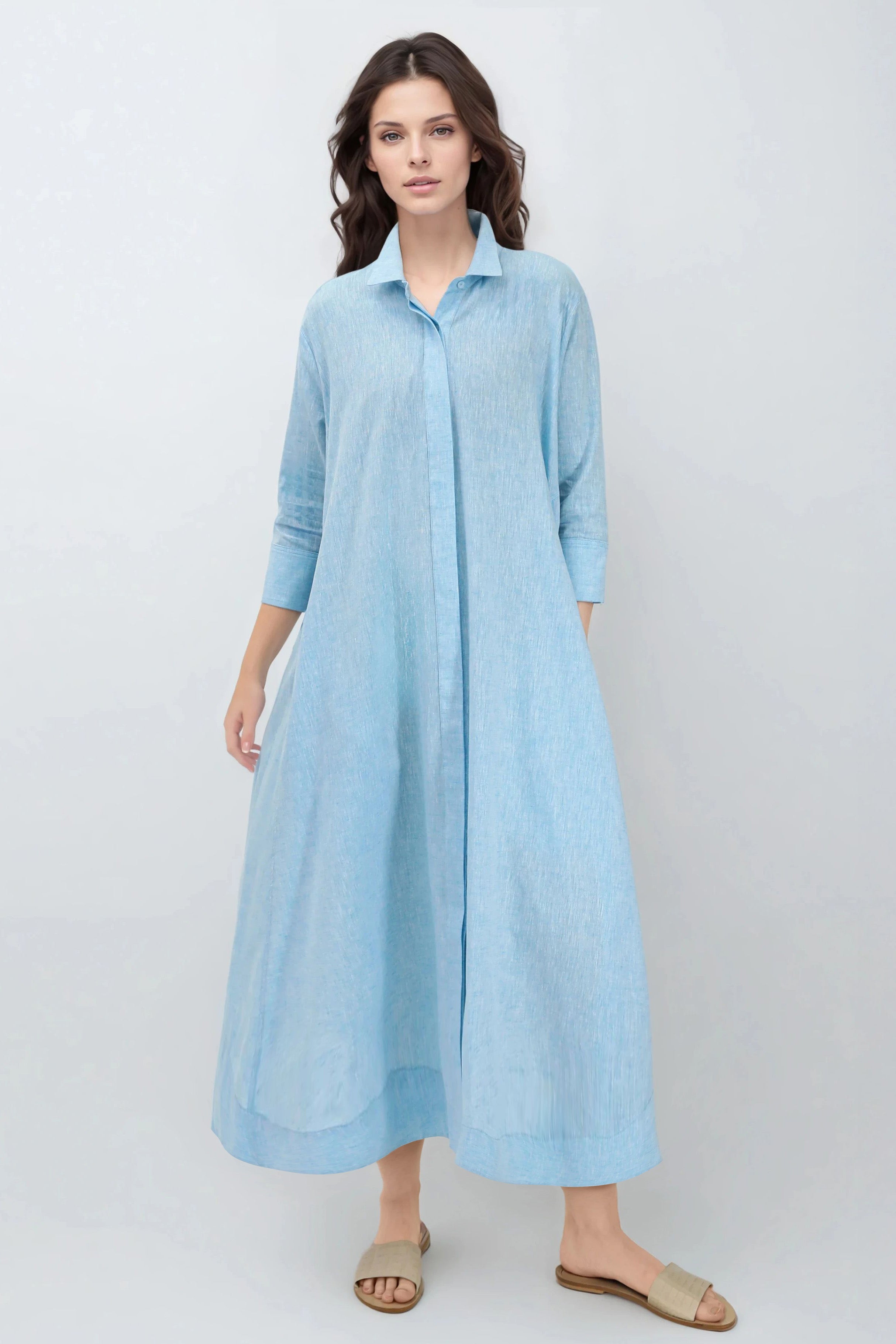 LIGHTWEIGHT DANNI DRESS IN ITALIAN LINEN COTTON AQUA MELANGE
