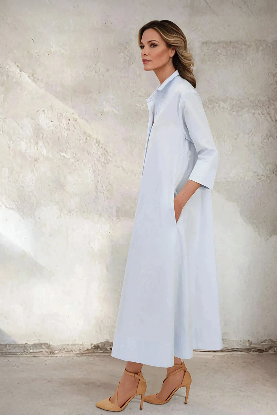 DANNI DRESS IN ITALIAN COTTON JACQUARD BLUE PEBBLE