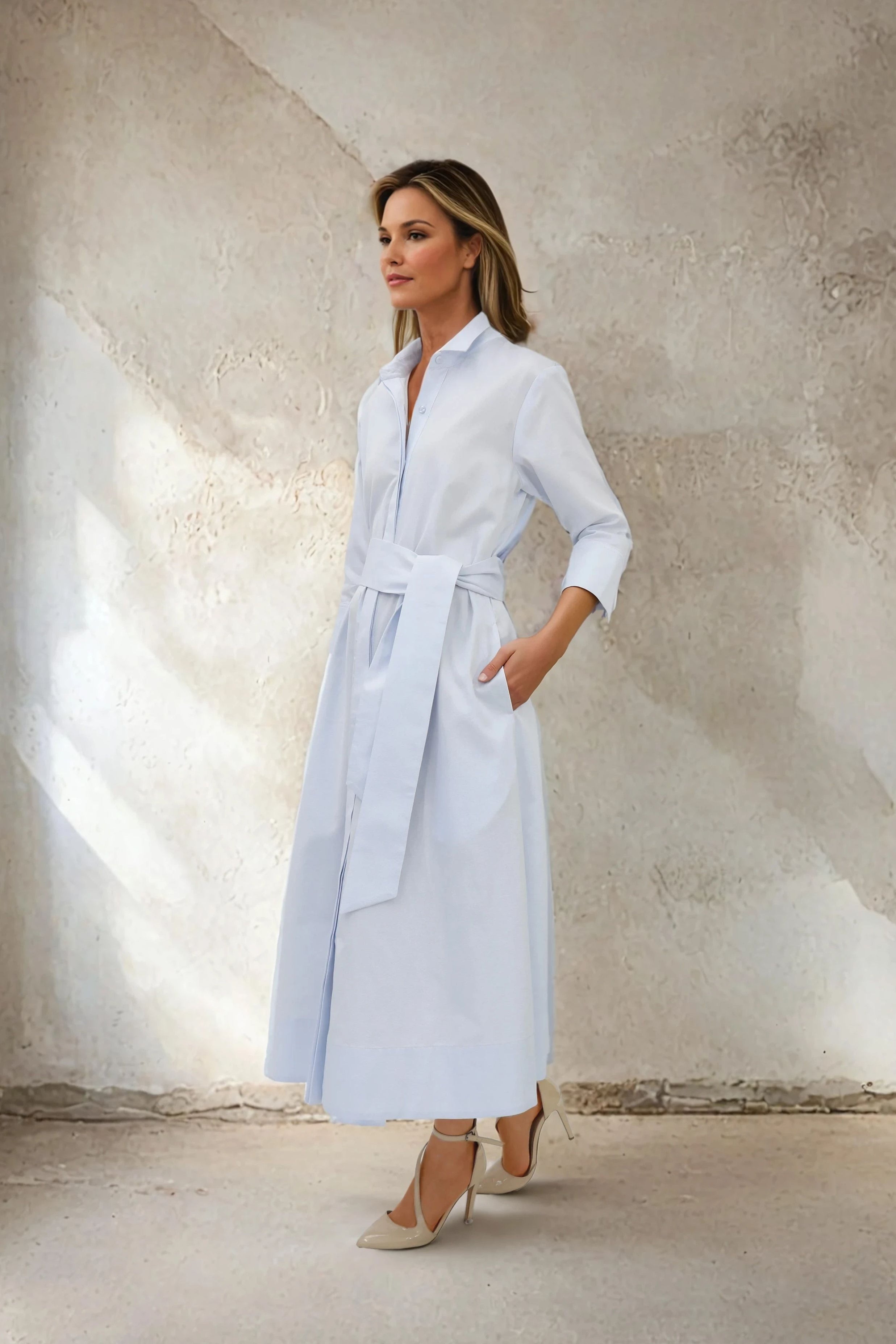 DANNI DRESS IN ITALIAN COTTON JACQUARD BLUE PEBBLE