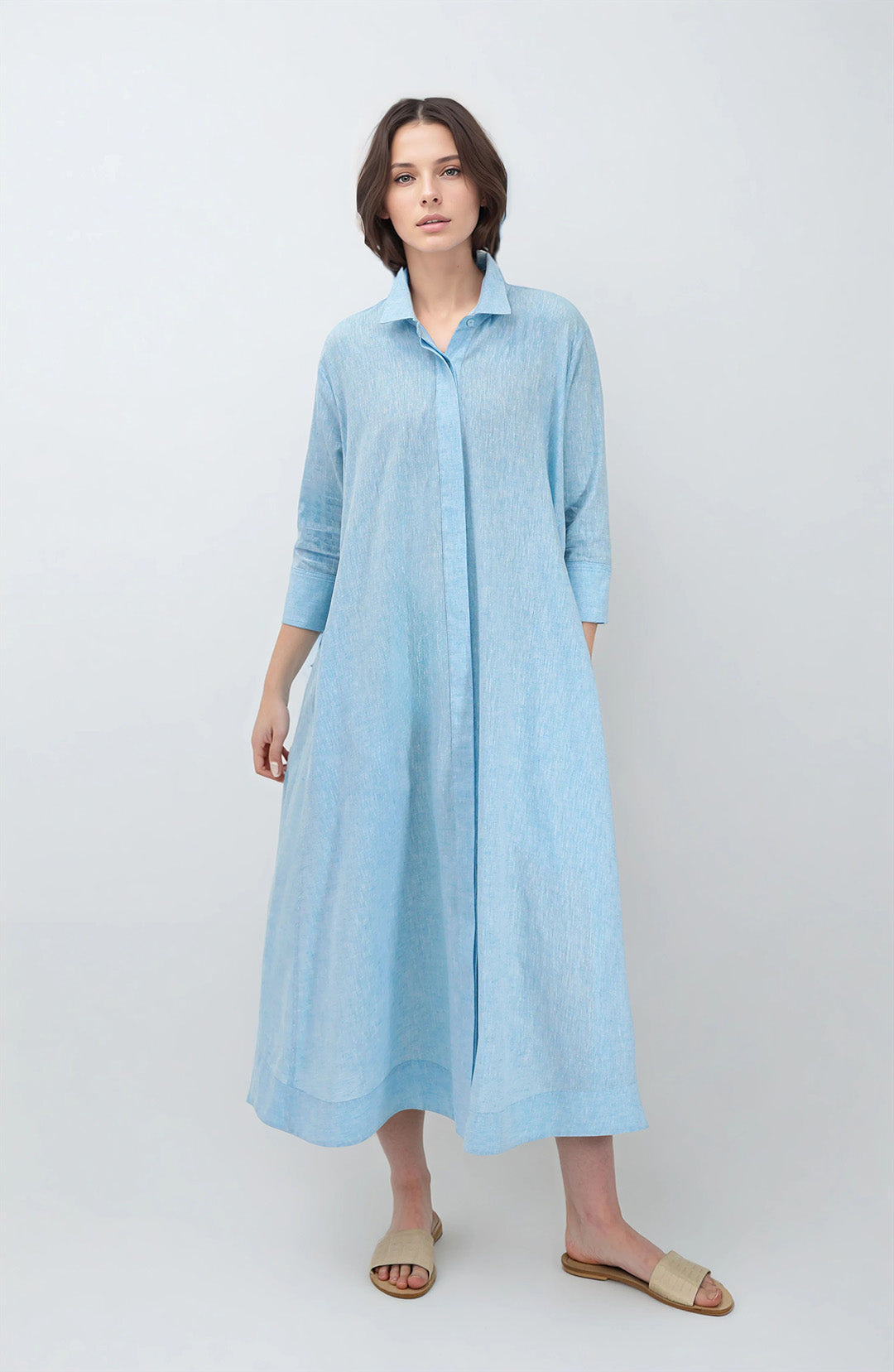 LIGHTWEIGHT DANNI DRESS IN ITALIAN LINEN COTTON AQUA MELANGE