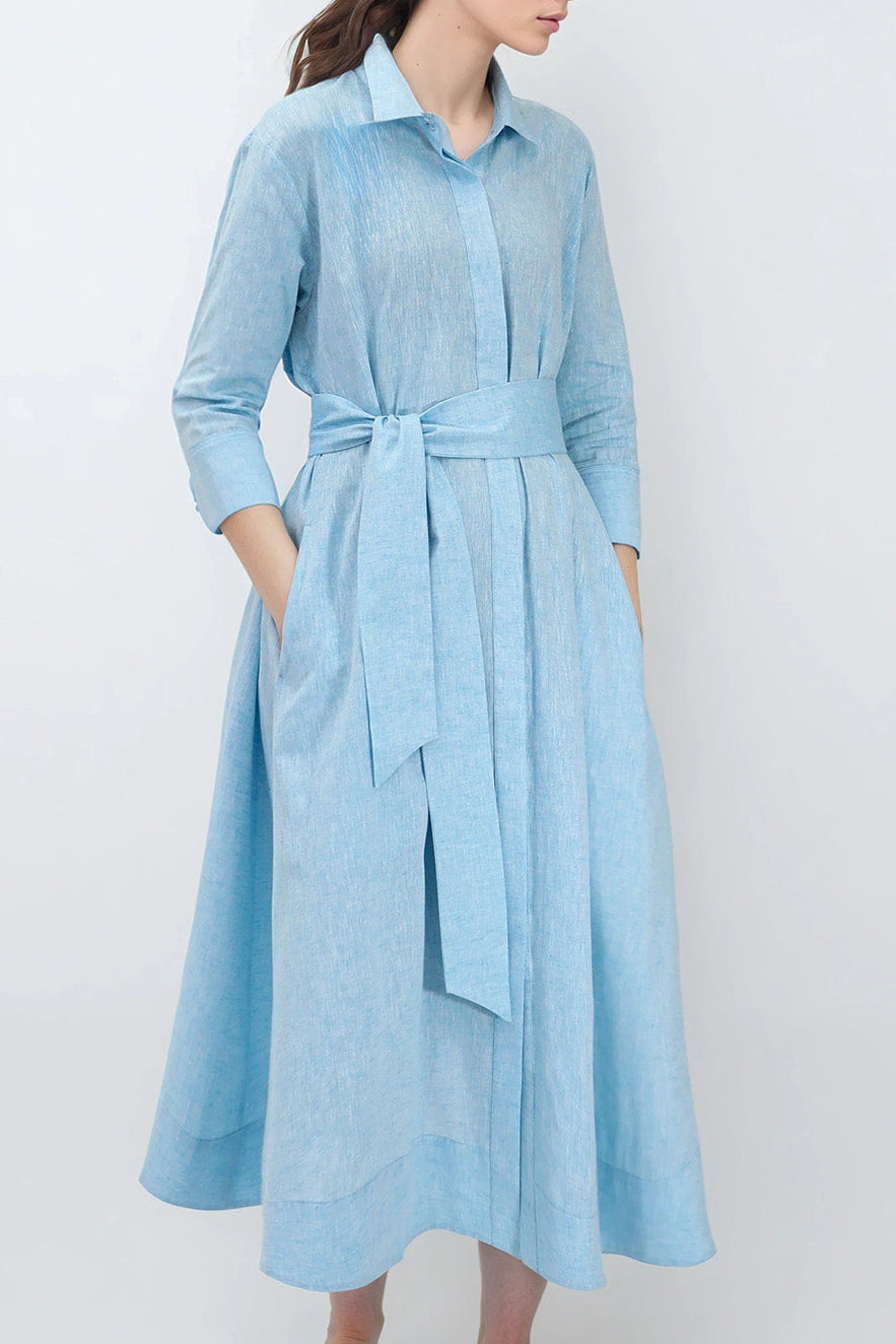 LIGHTWEIGHT DANNI DRESS IN ITALIAN LINEN COTTON AQUA MELANGE
