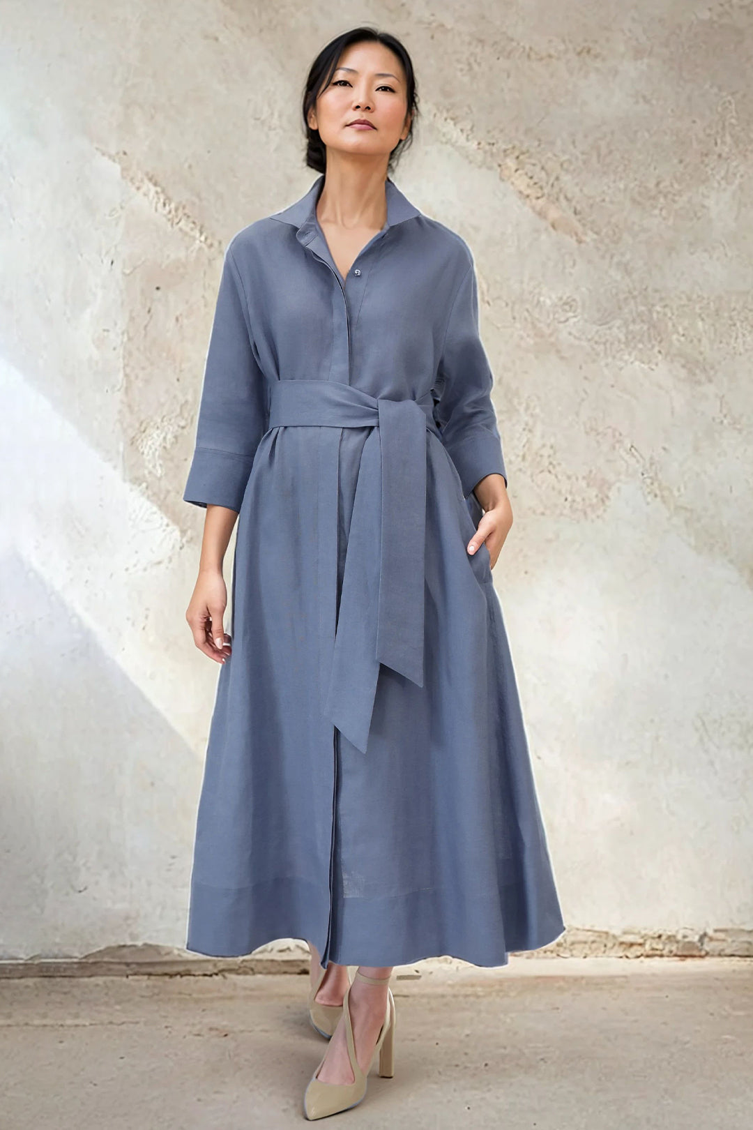 DANNI DRESS IN ITALIAN LINEN DUSTY BLUE