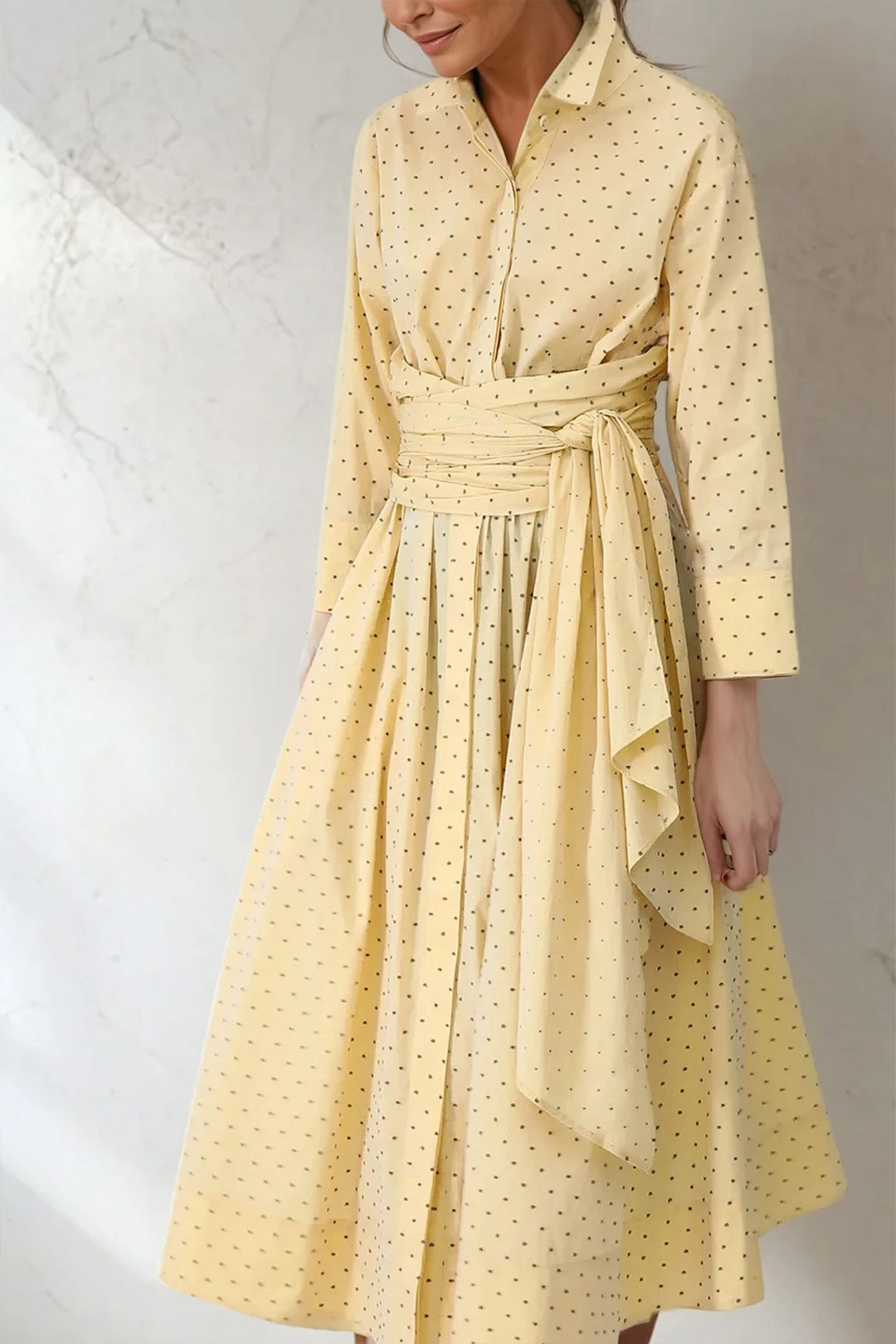 DUSK DRESS IN ITALIAN COTTON FINE POPLIN YELLOW DOT
