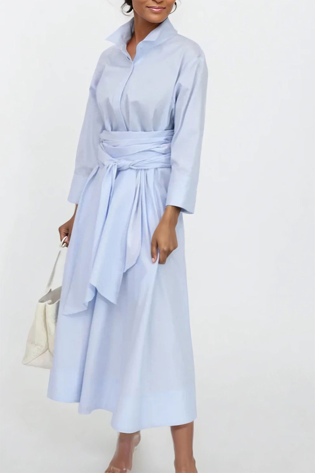 DUSK DRESS IN 100% FINE ITALIAN POPLIN COTTON LIGHT BLUE MICROSTRIPE