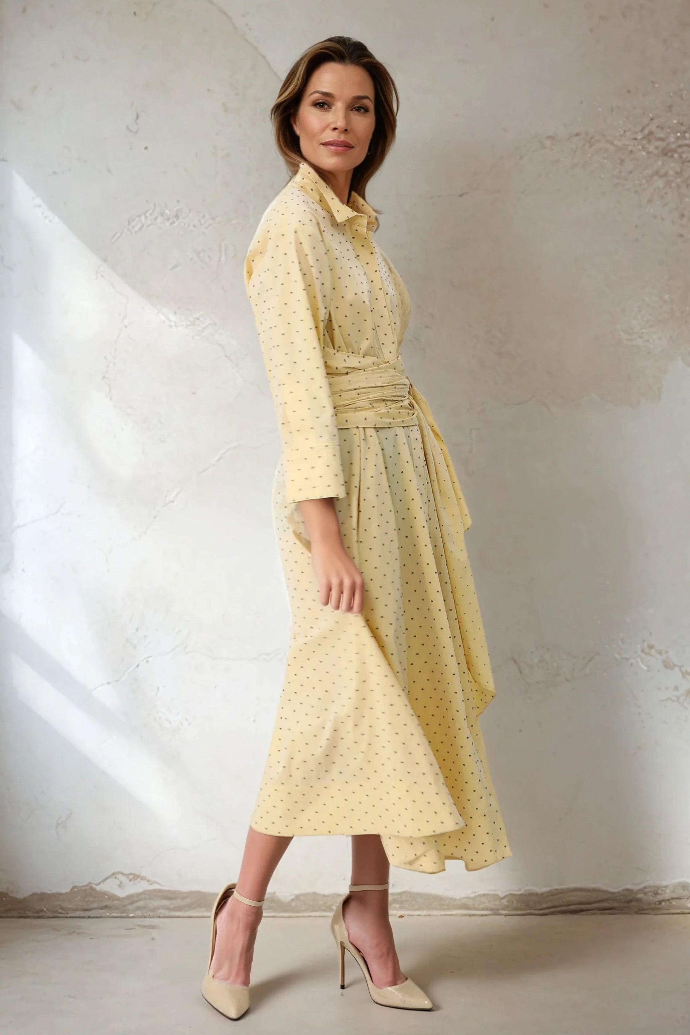 DUSK DRESS IN ITALIAN COTTON FINE POPLIN YELLOW DOT