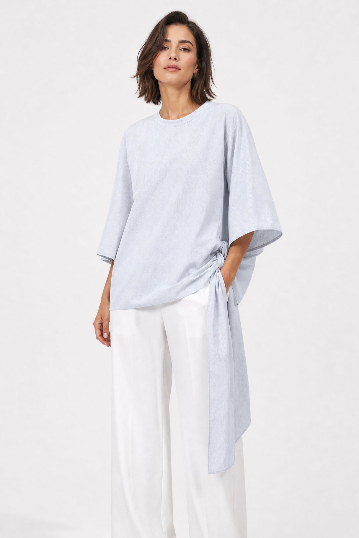 ELNORA CREW SIDE TIE 3/4 SLEEVE SHIRT IN ITALIAN COTTON POPLIN