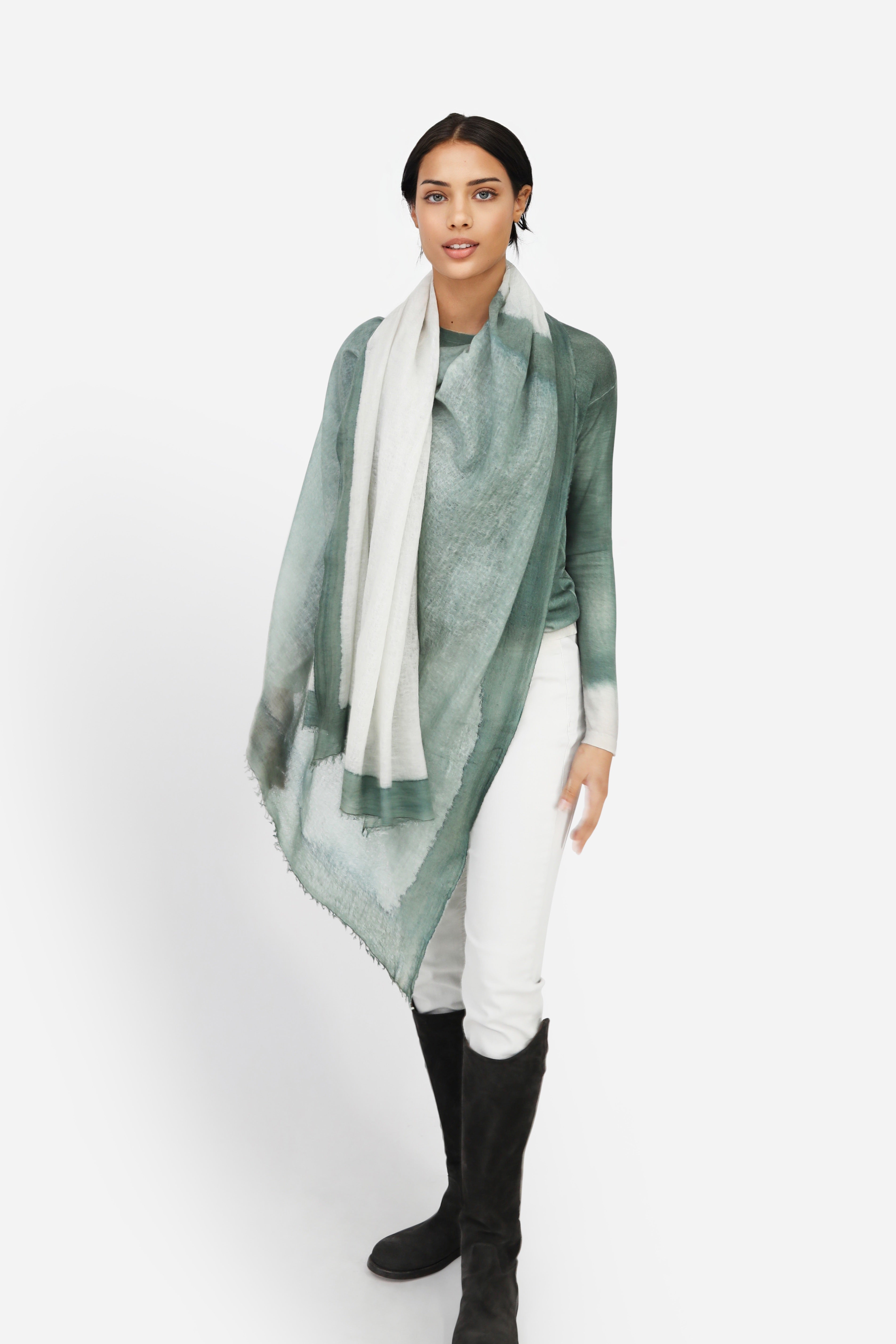 SCARF IN HAND DYED CASHMERE FERN BUFF BEIGE STRIPE