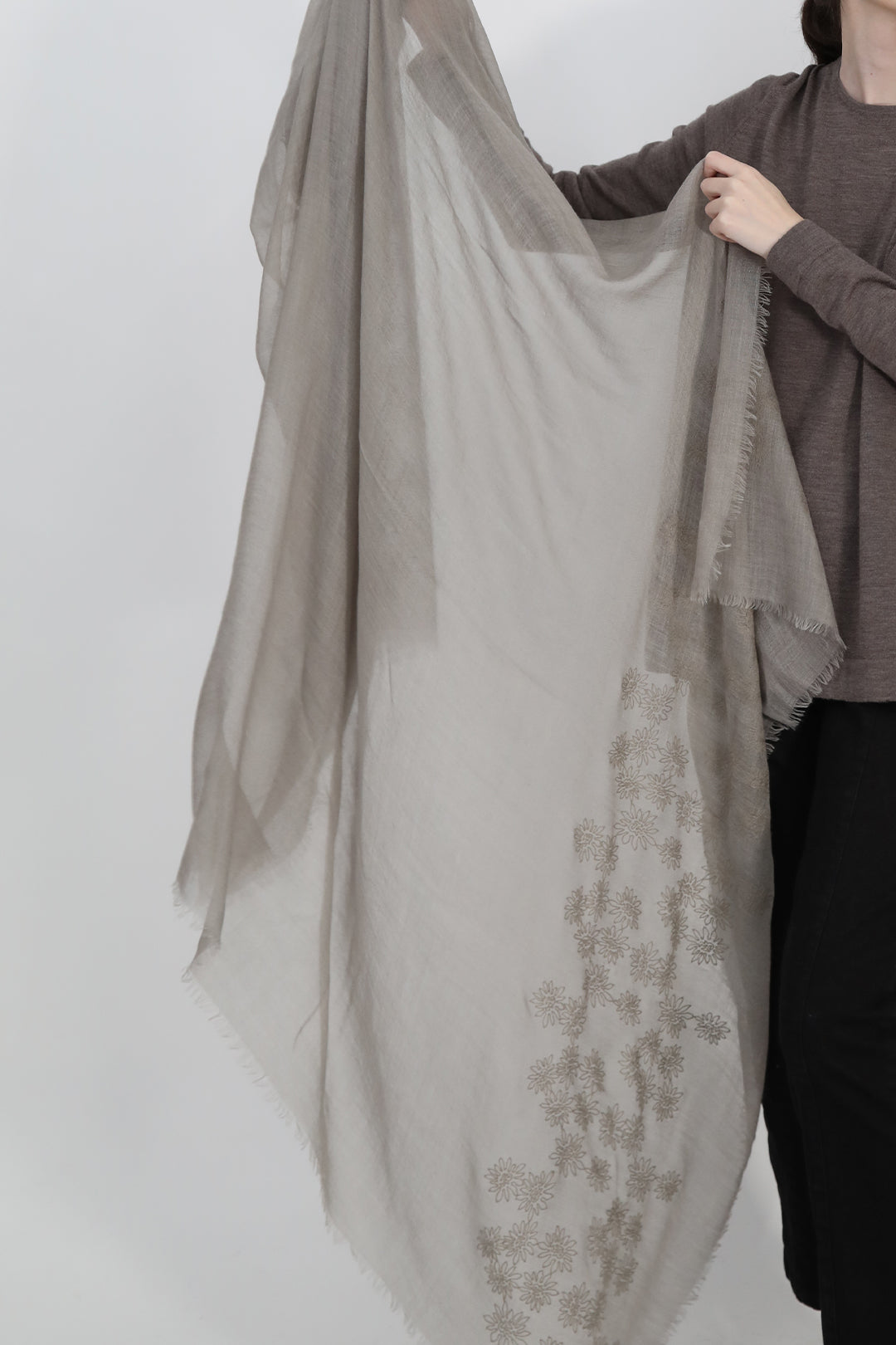 EMBROIDERED ASH GREY ITALIAN CASHMERE SCARF